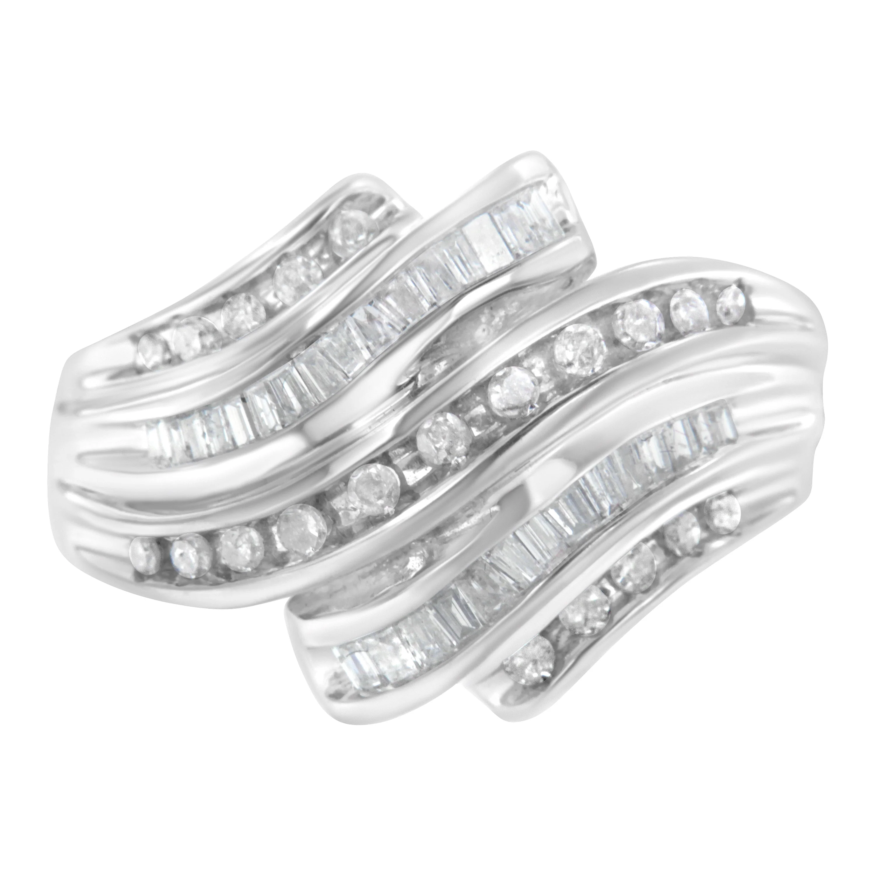 10K White Gold Round and Baguette Cut Diamond Channel Ring (3/4 Cttw, H-I Color, SI2-I1 Clarity) - Size 7 - Image 6