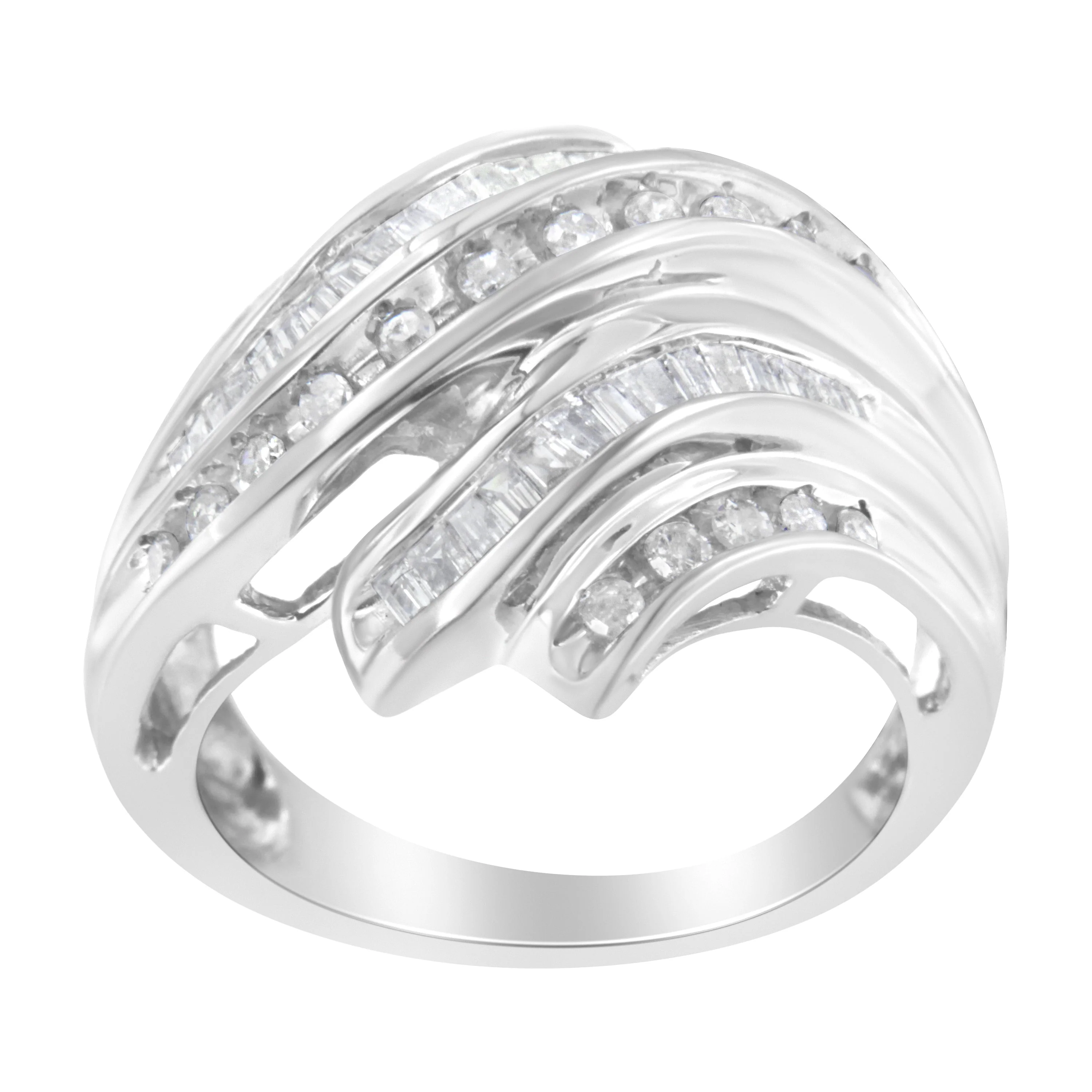 10K White Gold Round and Baguette Cut Diamond Channel Ring (3/4 Cttw, H-I Color, SI2-I1 Clarity) - Size 7 - Image 7