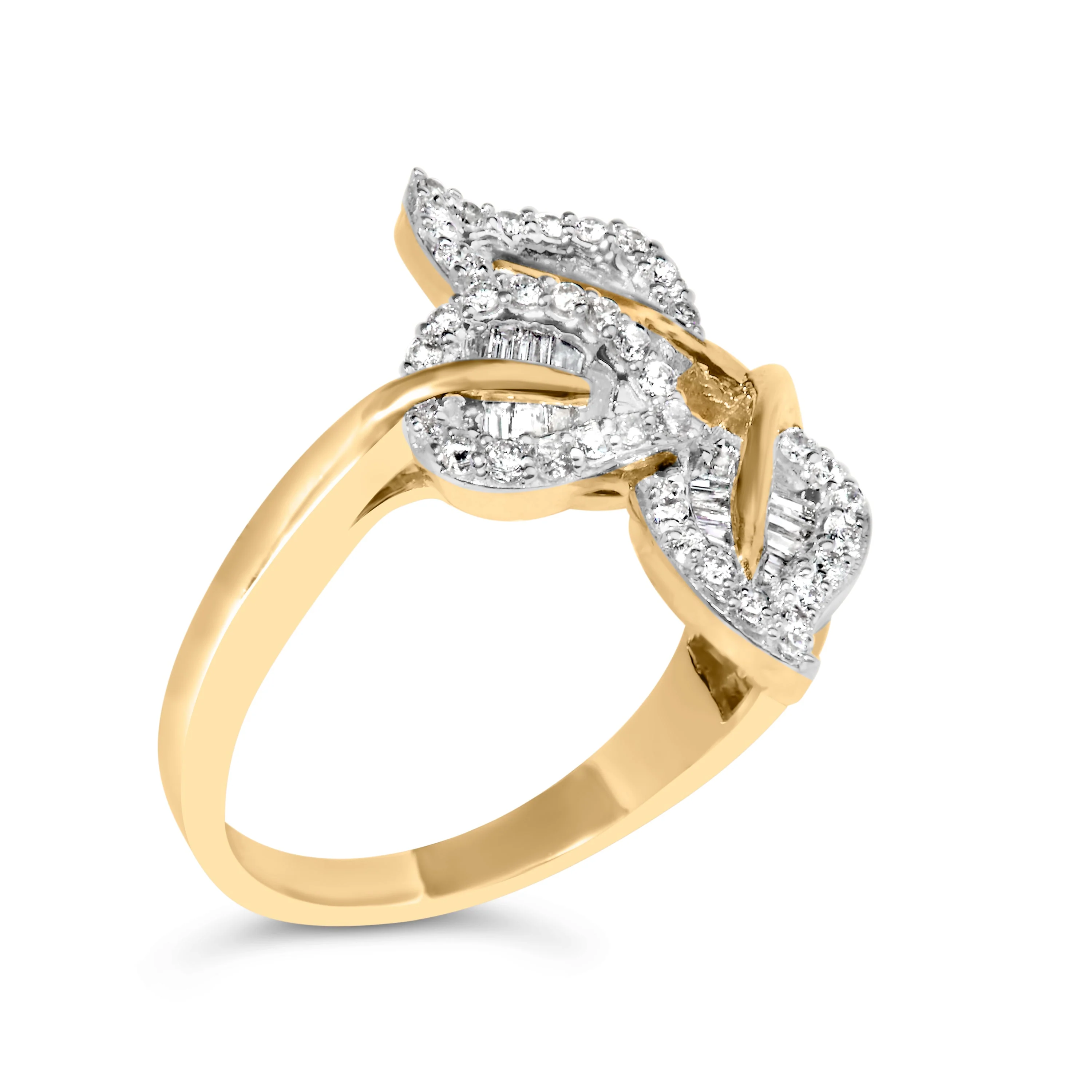 10k Yellow and White Gold 1/2 Cttw Baguette and Round Diamond Bypass Triple Leaf Ring (I-J Color, I1-I2 Clarity) - Size 7 - Image 6