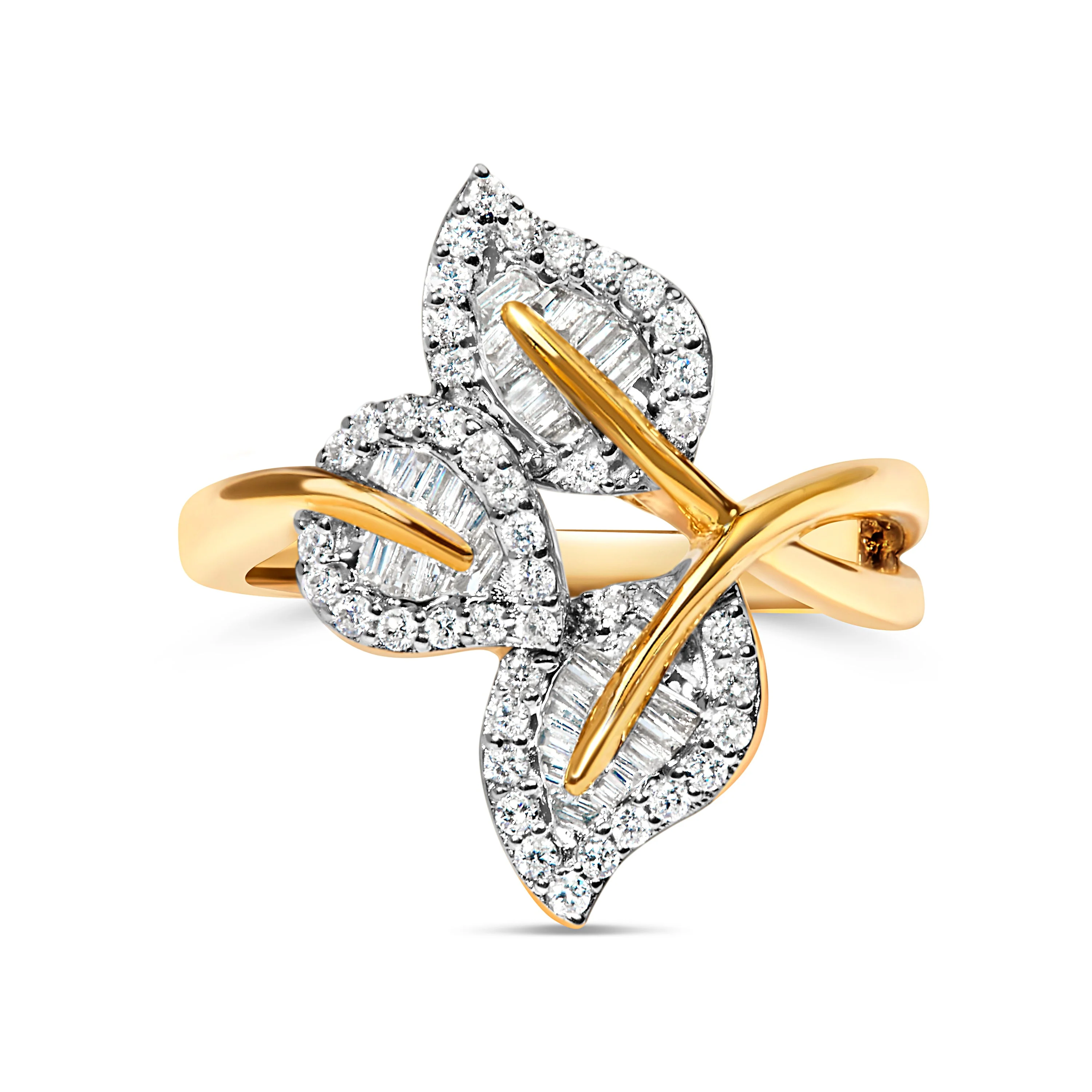 10k Yellow and White Gold 1/2 Cttw Baguette and Round Diamond Bypass Triple Leaf Ring (I-J Color, I1-I2 Clarity) - Size 7 - Image 8
