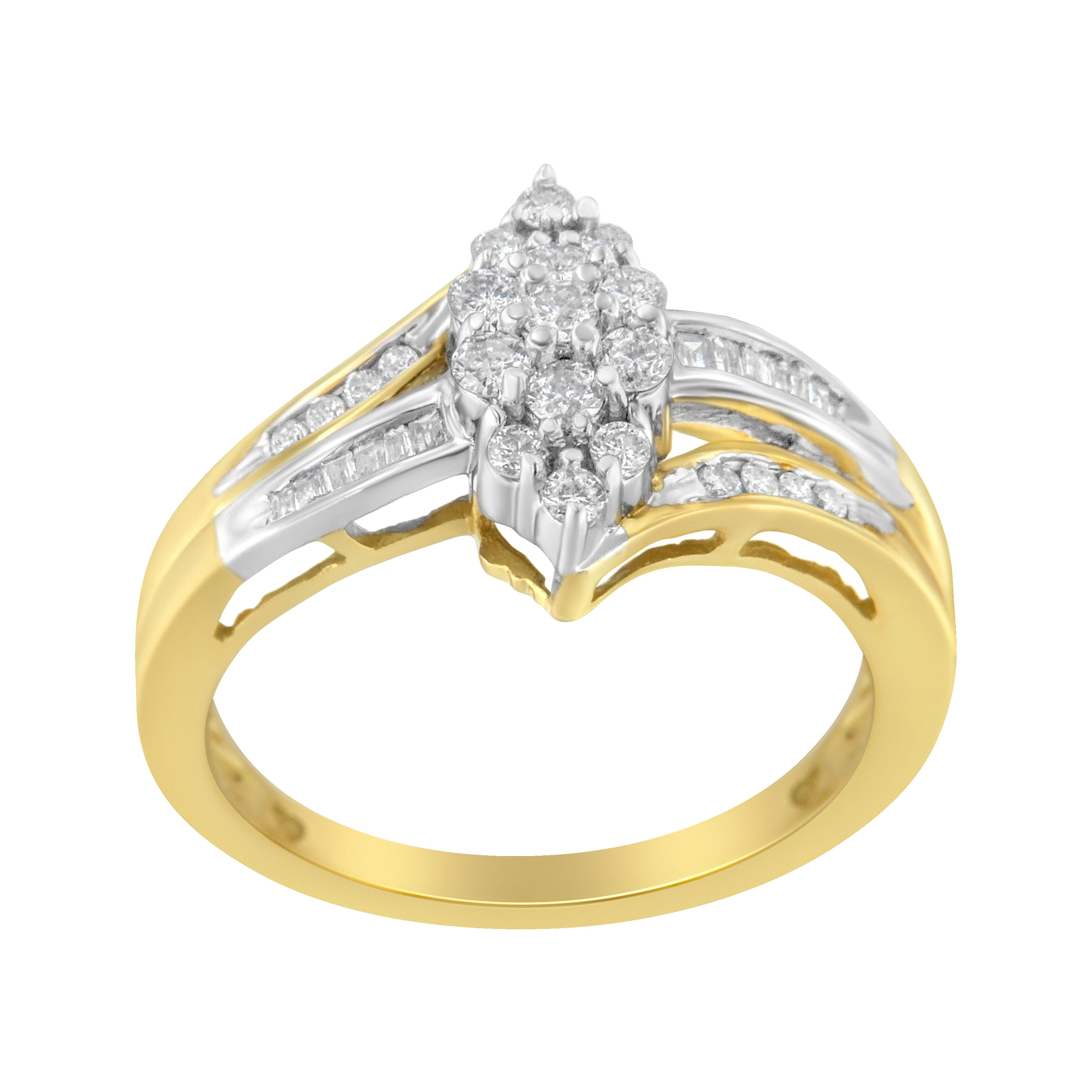 10K Yellow and White Gold 1/2 Cttw Diamond Marquise Shaped Cluster Split Shank Ring (H-I Color, SI2-I1 Clarity) - Size 7 - Image 6
