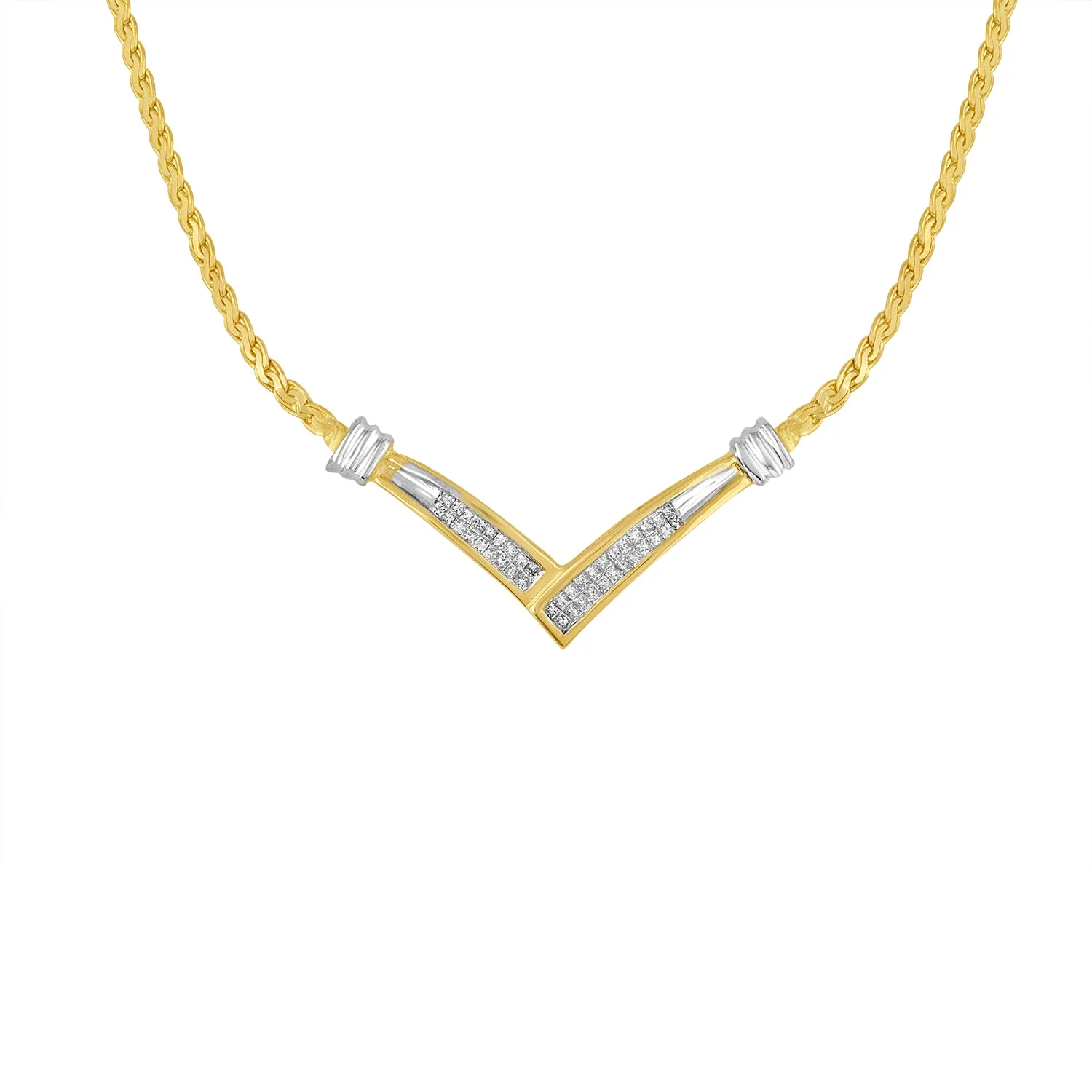 10K Yellow and White Gold 1/2 Cttw Princess Cut Diamond Channel-Set “V†Shape 18" Franco Chain Necklace (H-I Color, SI2-I1 Clarity)