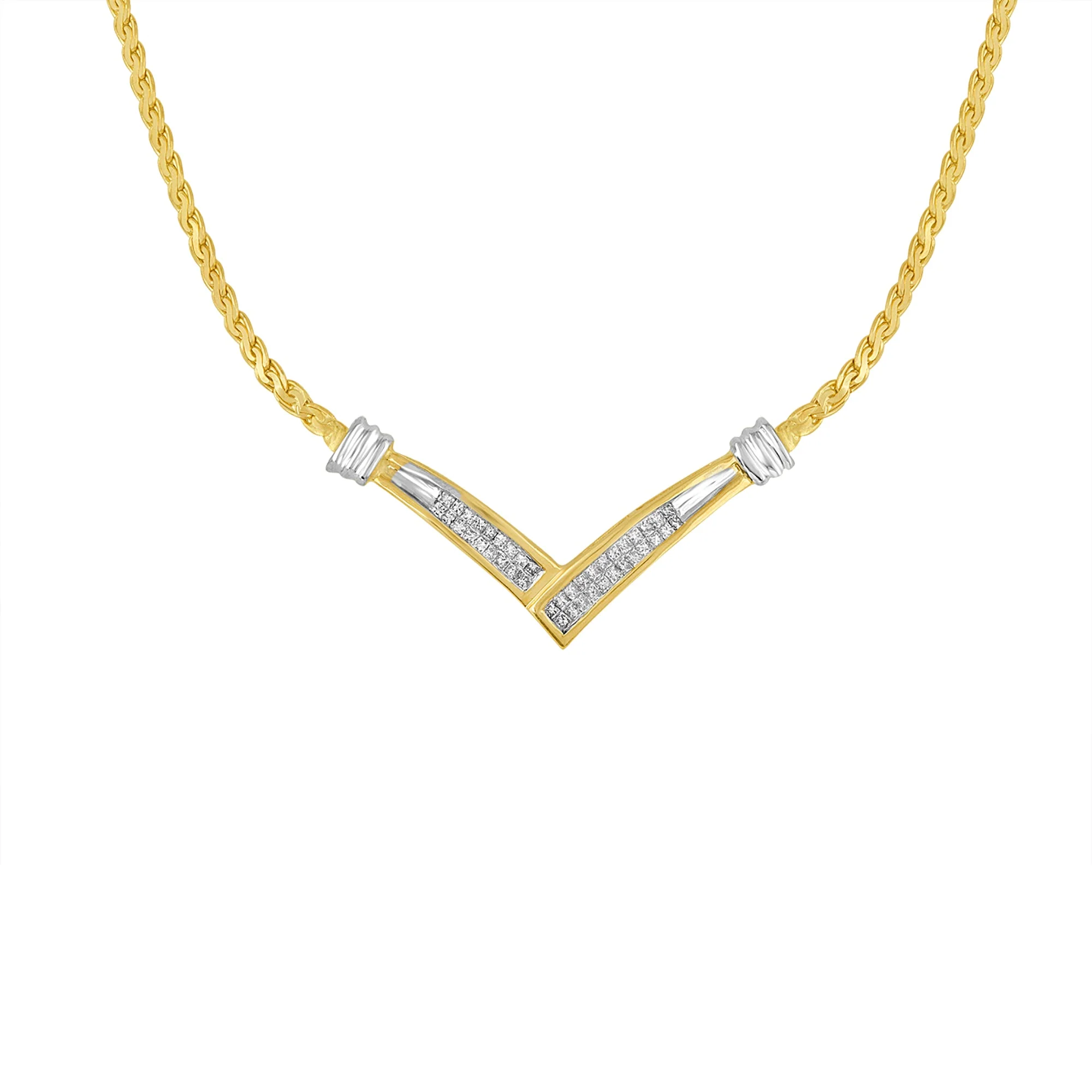 10K Yellow and White Gold 1/2 Cttw Princess Cut Diamond Channel-Set “V†Shape 18" Franco Chain Necklace (H-I Color, SI2-I1 Clarity) - Image 5