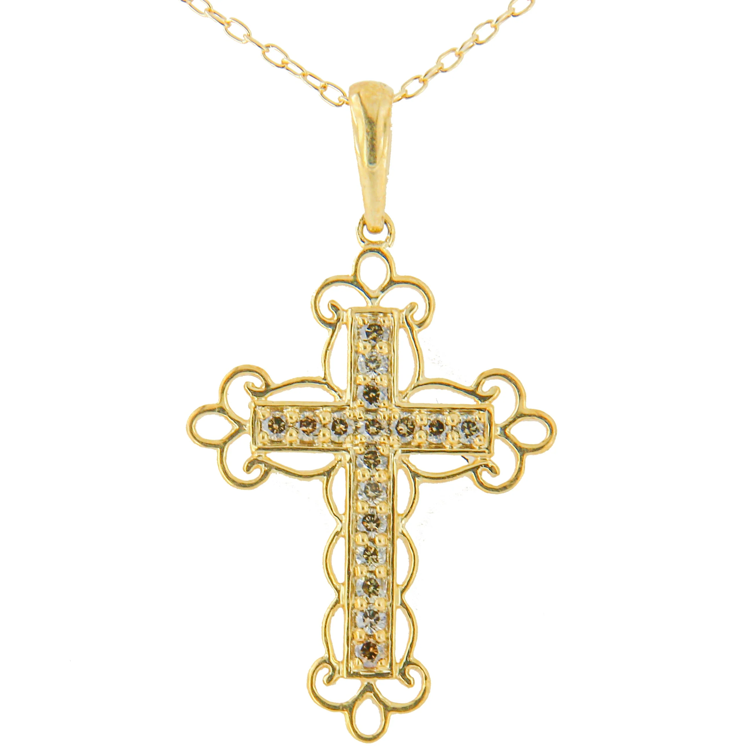 10K Yellow Flashed .925 Sterling Silver 1/4 Cttw Champagne Diamond Filigree Cross Pendant Necklace (K-L Color, I1-I2 Clarity) - 18" - Image 4