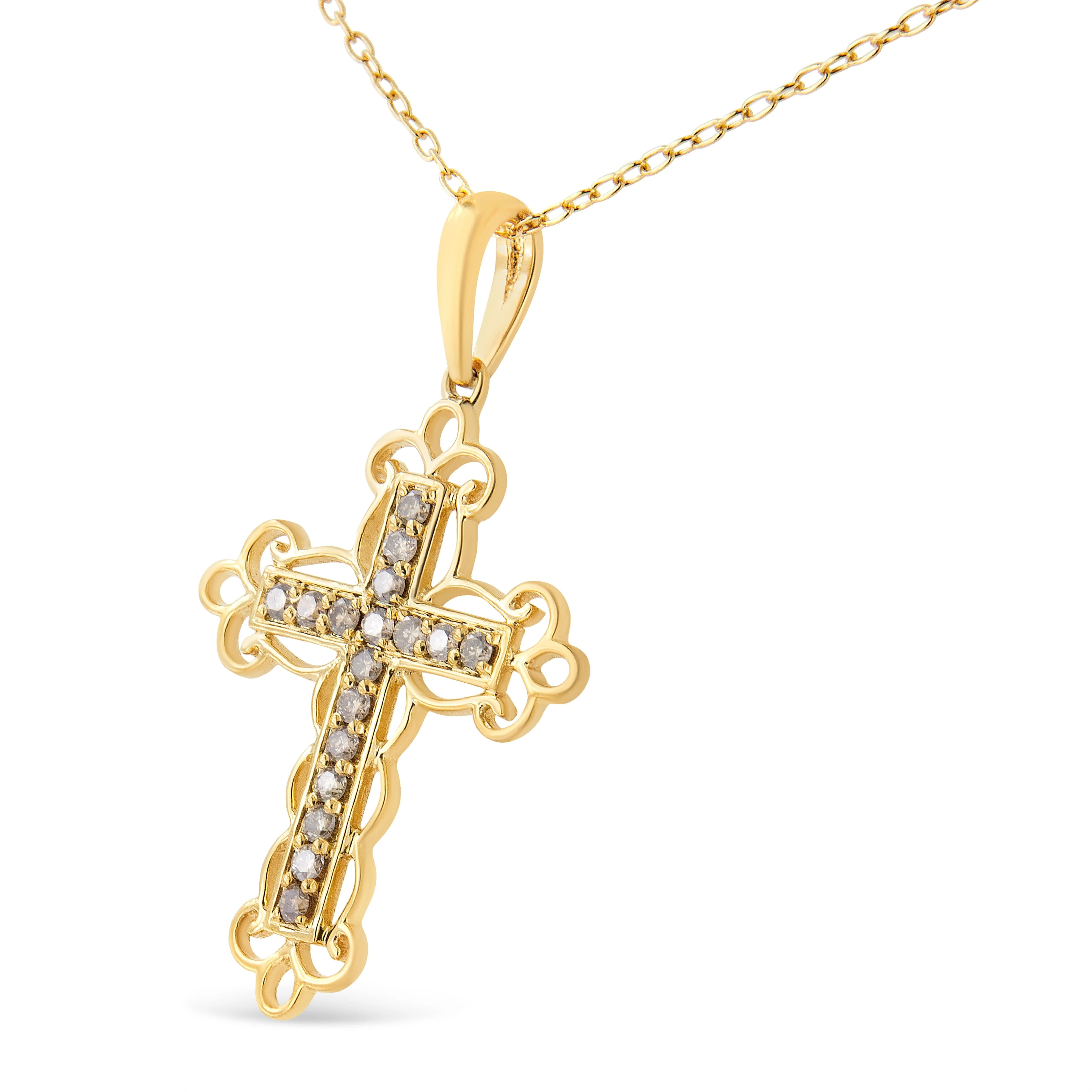 10K Yellow Flashed .925 Sterling Silver 1/4 Cttw Champagne Diamond Filigree Cross Pendant Necklace (K-L Color, I1-I2 Clarity) - 18" - Image 5