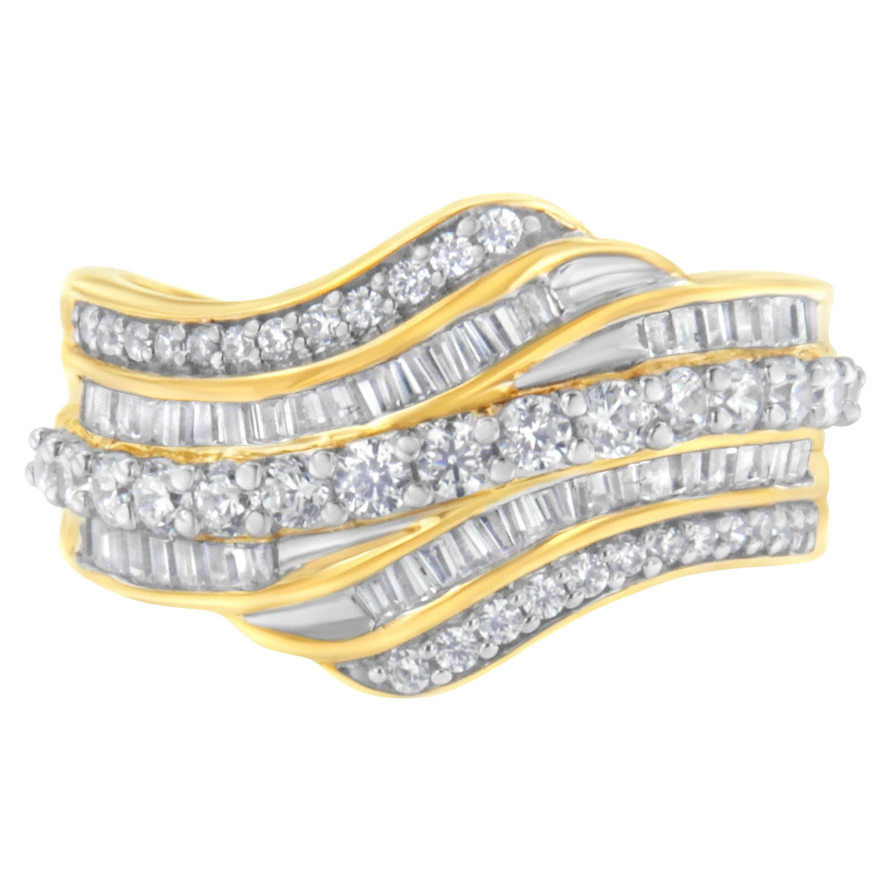 10K Yellow Gold 1.0 Cttw Baguette and Round Diamond Multi-Row Wave Bypass Ring (I-J Color, I1-I2 Clarity) - Ring Size 7 - Image 6