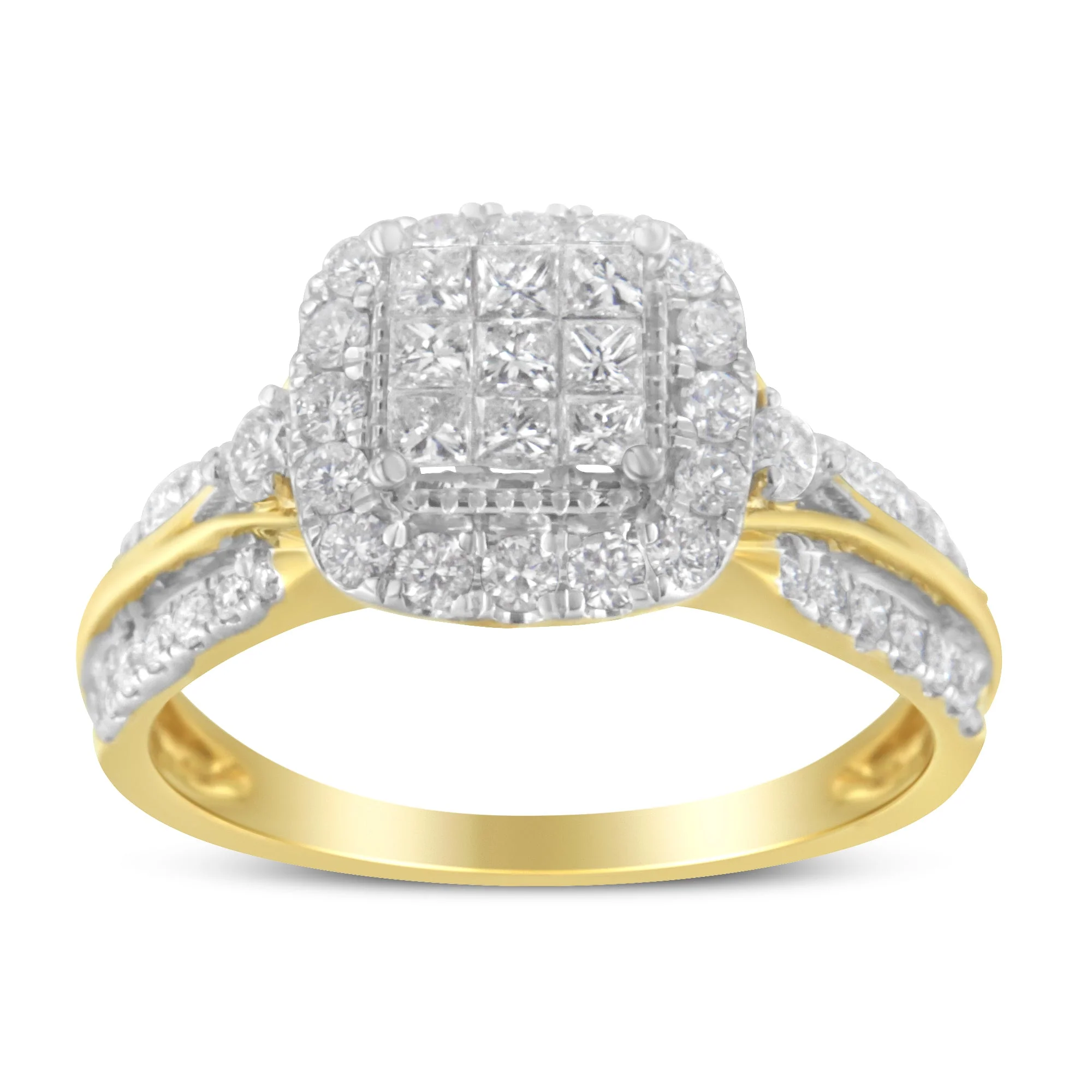 10K Yellow Gold 1.0 Cttw Diamond Composite Cushion-Shape Halo 3-Band-Look Engagement Ring (H-I Color, SI1-SI2 Clarity) - Size 6-1/4 - Image 3