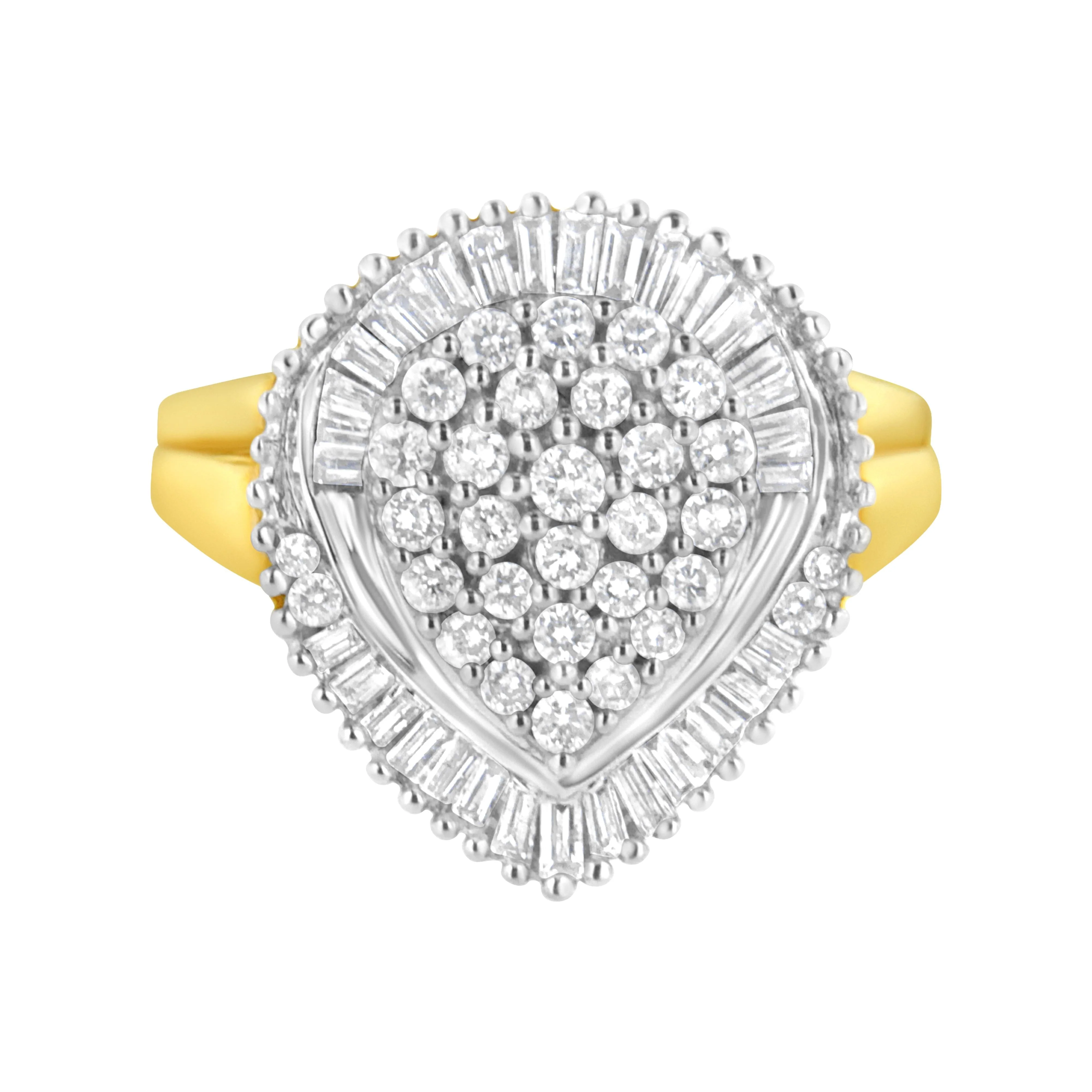 10K Yellow Gold 1.0 Cttw Round and Baguette Cut Diamond Oval Shaped Cluster Ring (I-J Color, I1-I2 Clarity) - Size 7