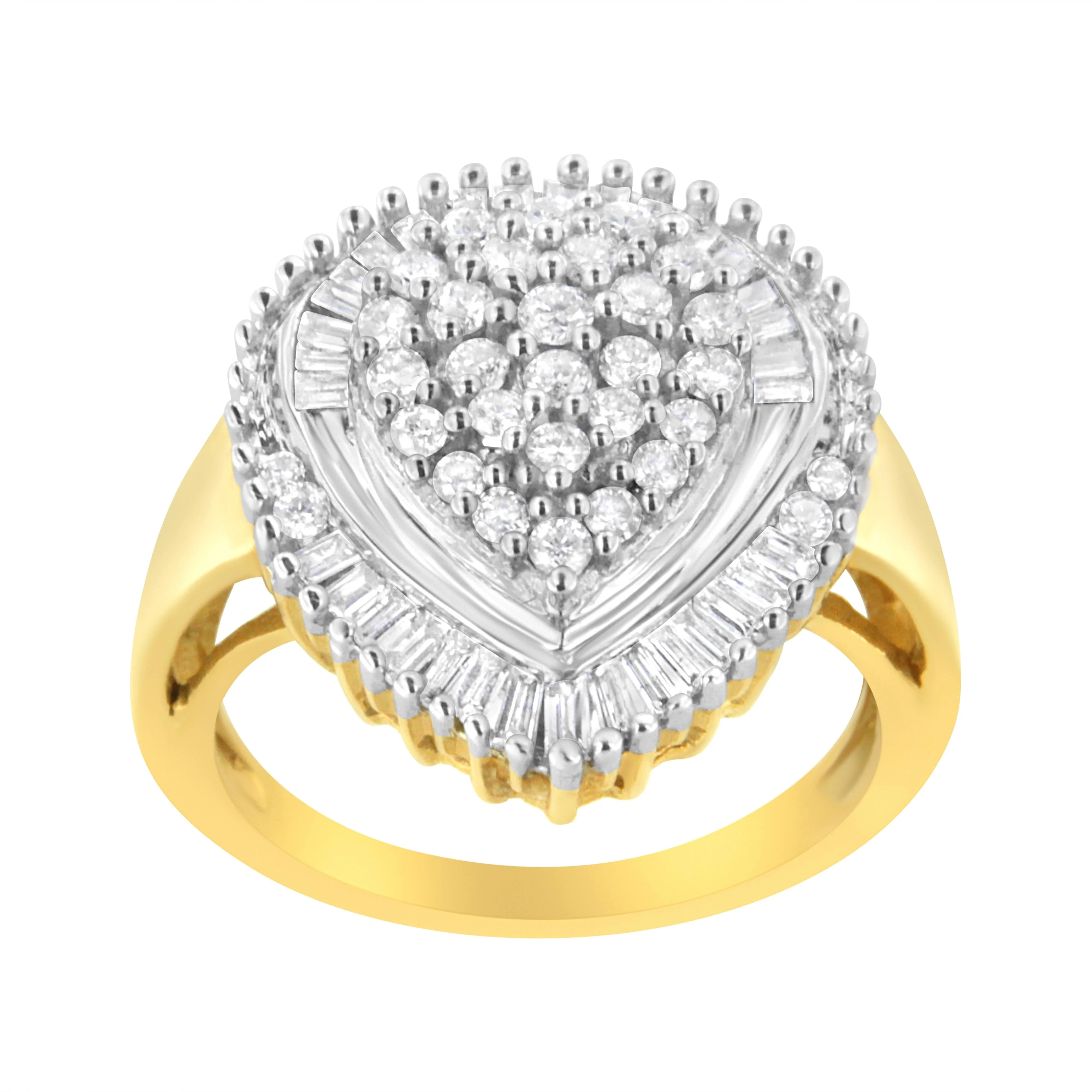 10K Yellow Gold 1.0 Cttw Round and Baguette Cut Diamond Oval Shaped Cluster Ring (I-J Color, I1-I2 Clarity) - Size 7 - Image 3