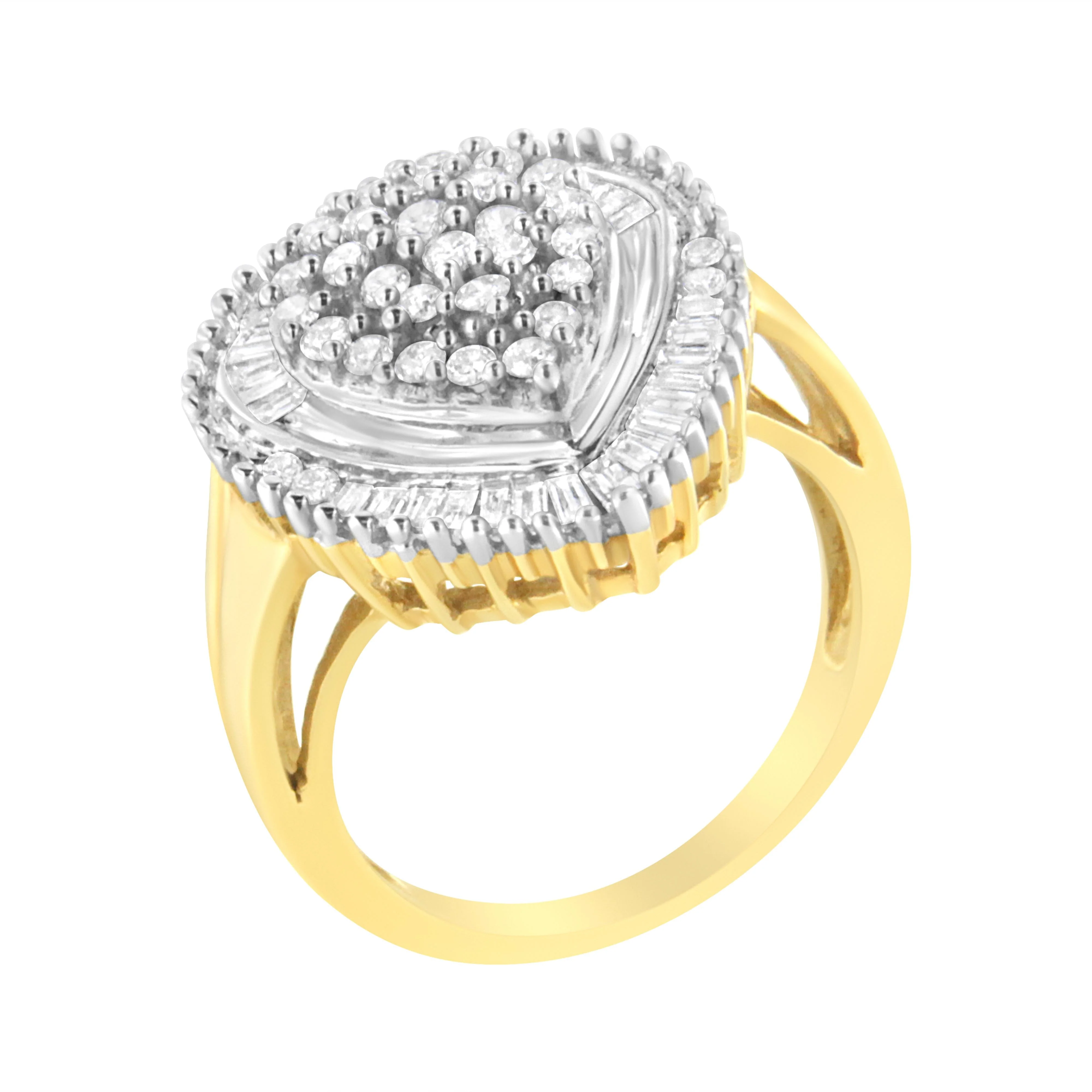 10K Yellow Gold 1.0 Cttw Round and Baguette Cut Diamond Oval Shaped Cluster Ring (I-J Color, I1-I2 Clarity) - Size 7 - Image 4