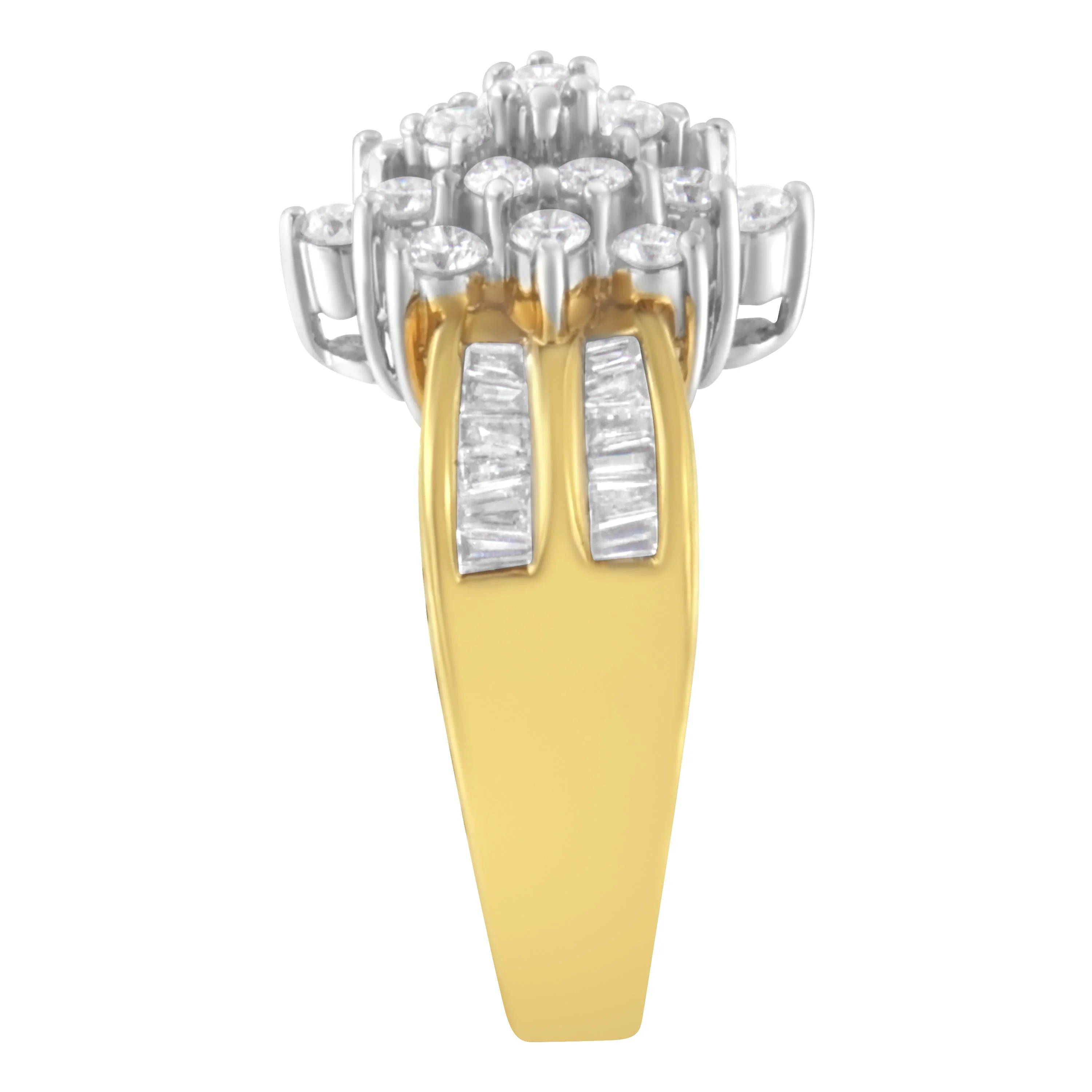 10K Yellow Gold 1.0 Cttw Round & Baguette Cut Diamond Floral Cluster Double-Channel Flared Band Statement Ring (H-I Color, SI2-I1 Clarity) - Size 6-1/2 - Image 10