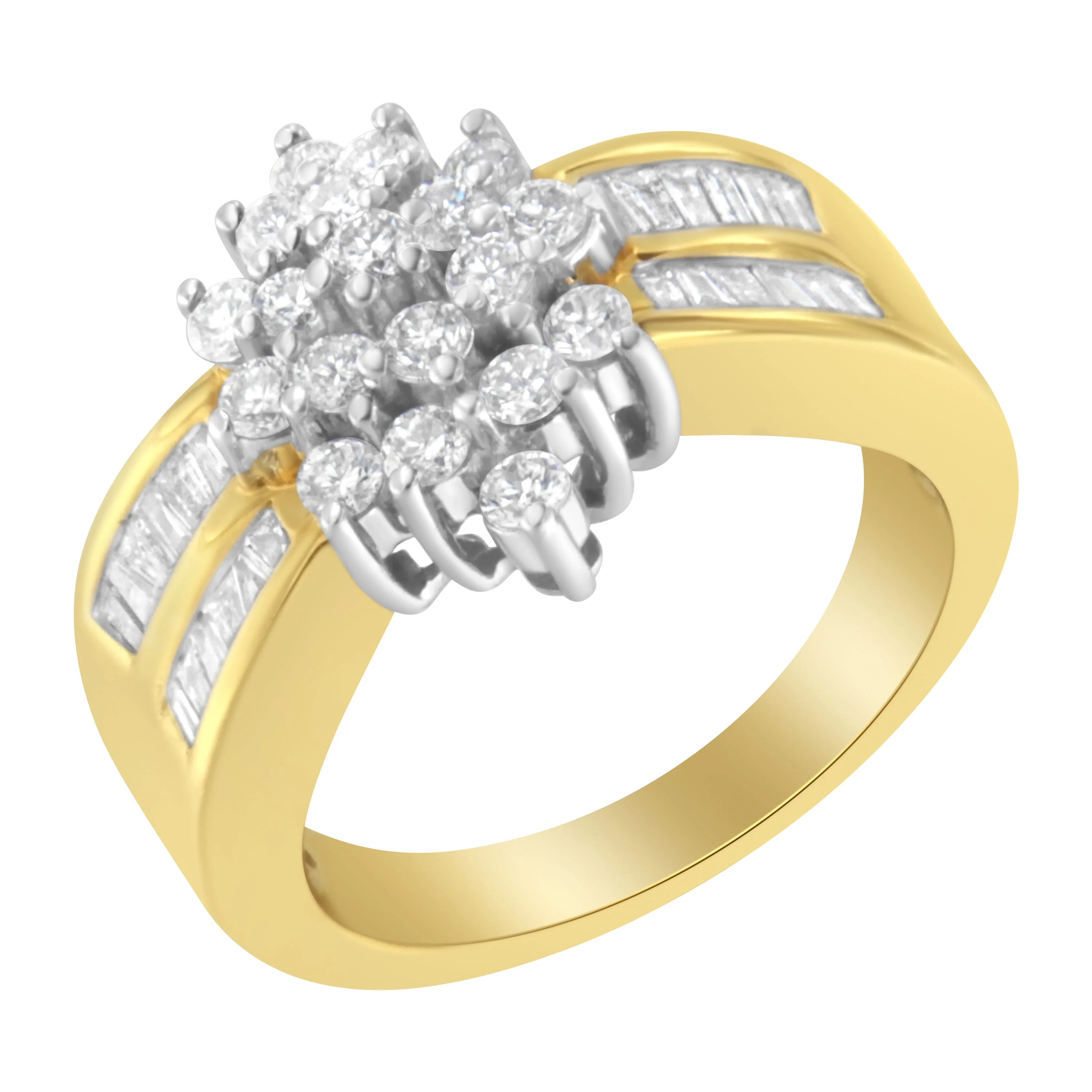 10K Yellow Gold 1.0 Cttw Round & Baguette Cut Diamond Floral Cluster Double-Channel Flared Band Statement Ring (H-I Color, SI2-I1 Clarity) - Size 6-1/2 - Image 3