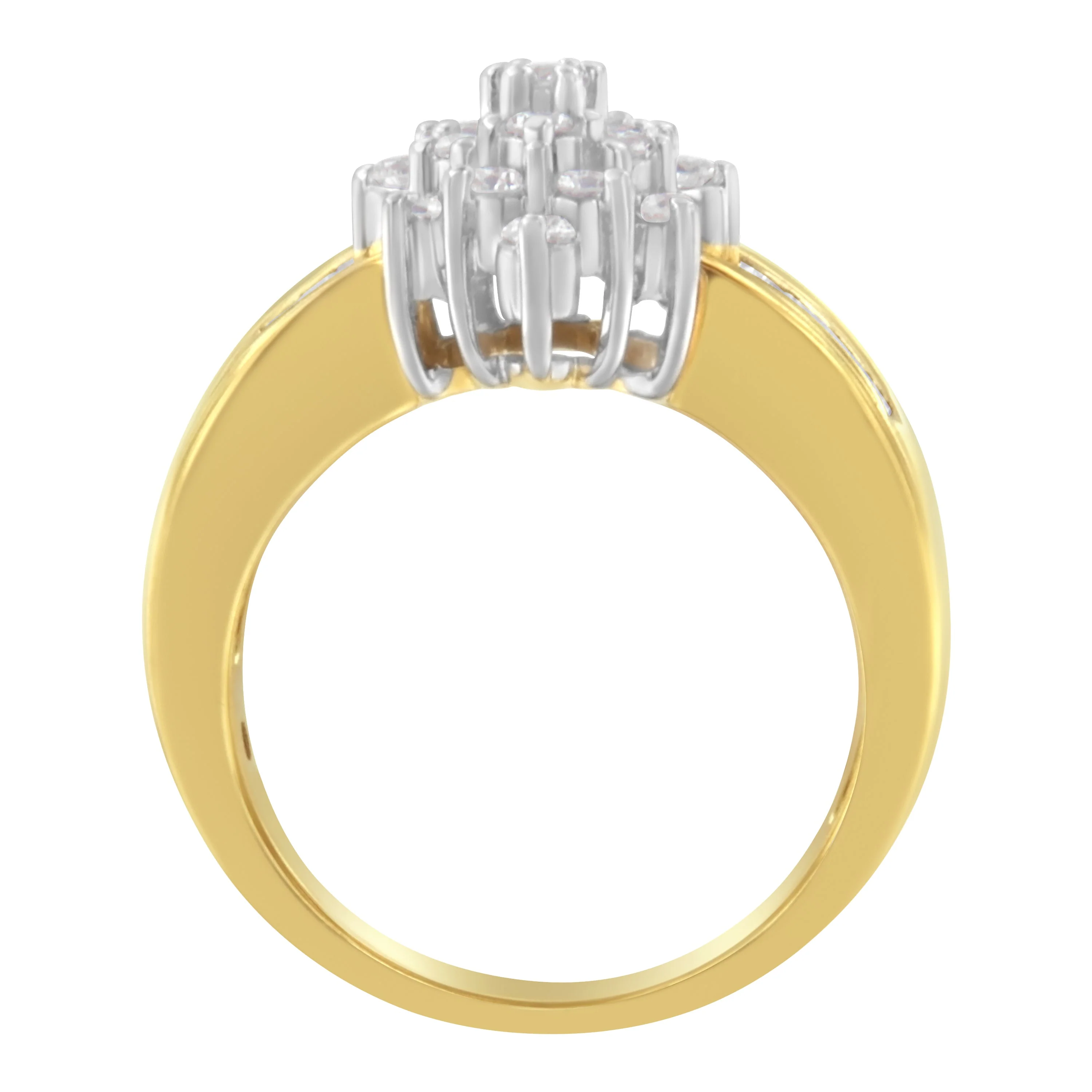 10K Yellow Gold 1.0 Cttw Round & Baguette Cut Diamond Floral Cluster Double-Channel Flared Band Statement Ring (H-I Color, SI2-I1 Clarity) - Size 6-1/2 - Image 7