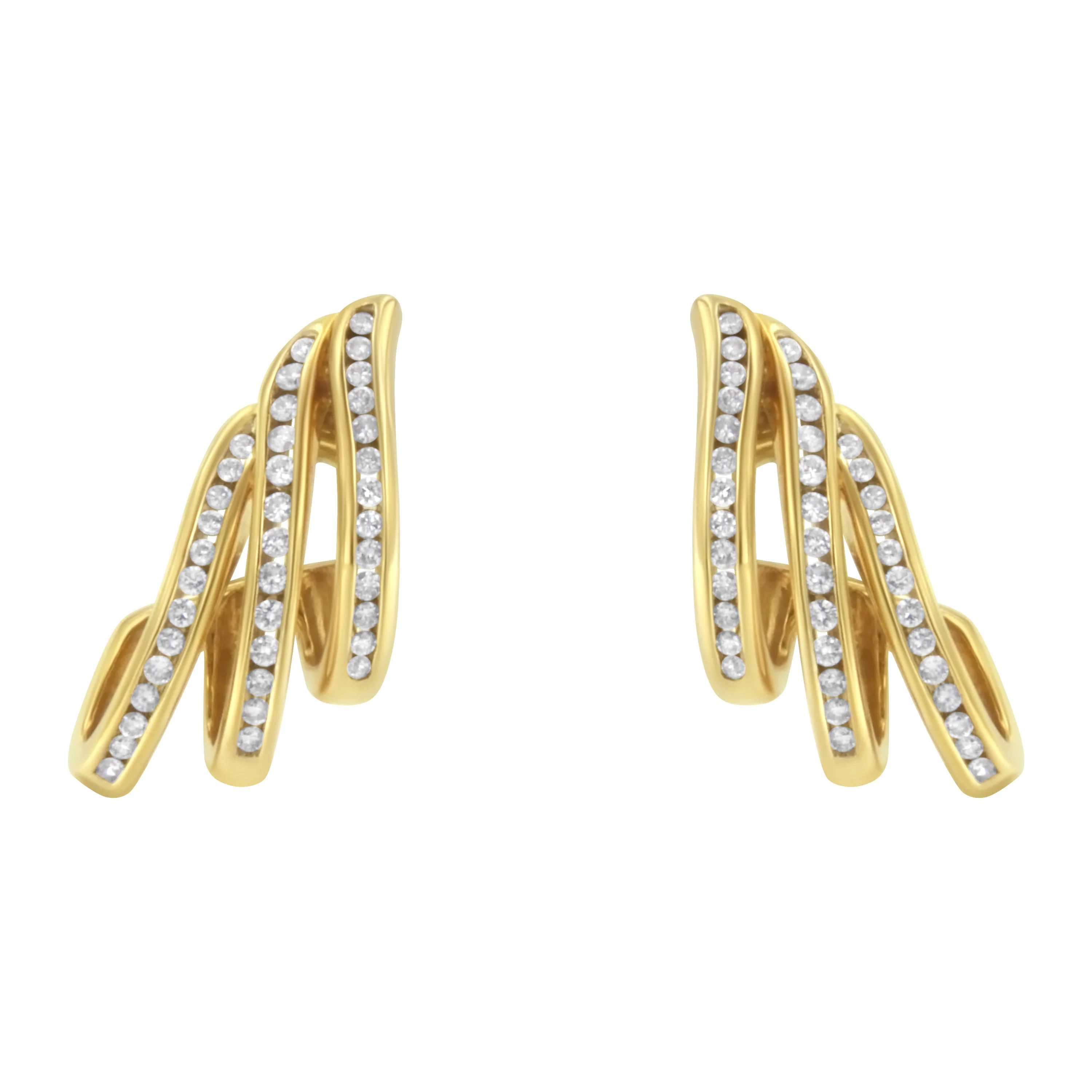 10K Yellow Gold 1.0 Cttw Round Brilliant Cut Diamond Spiral Multi Row Channel Set Open Hoop Pushback Stud Earrings (H-I Color, I1-I2 Clarity) - Image 2
