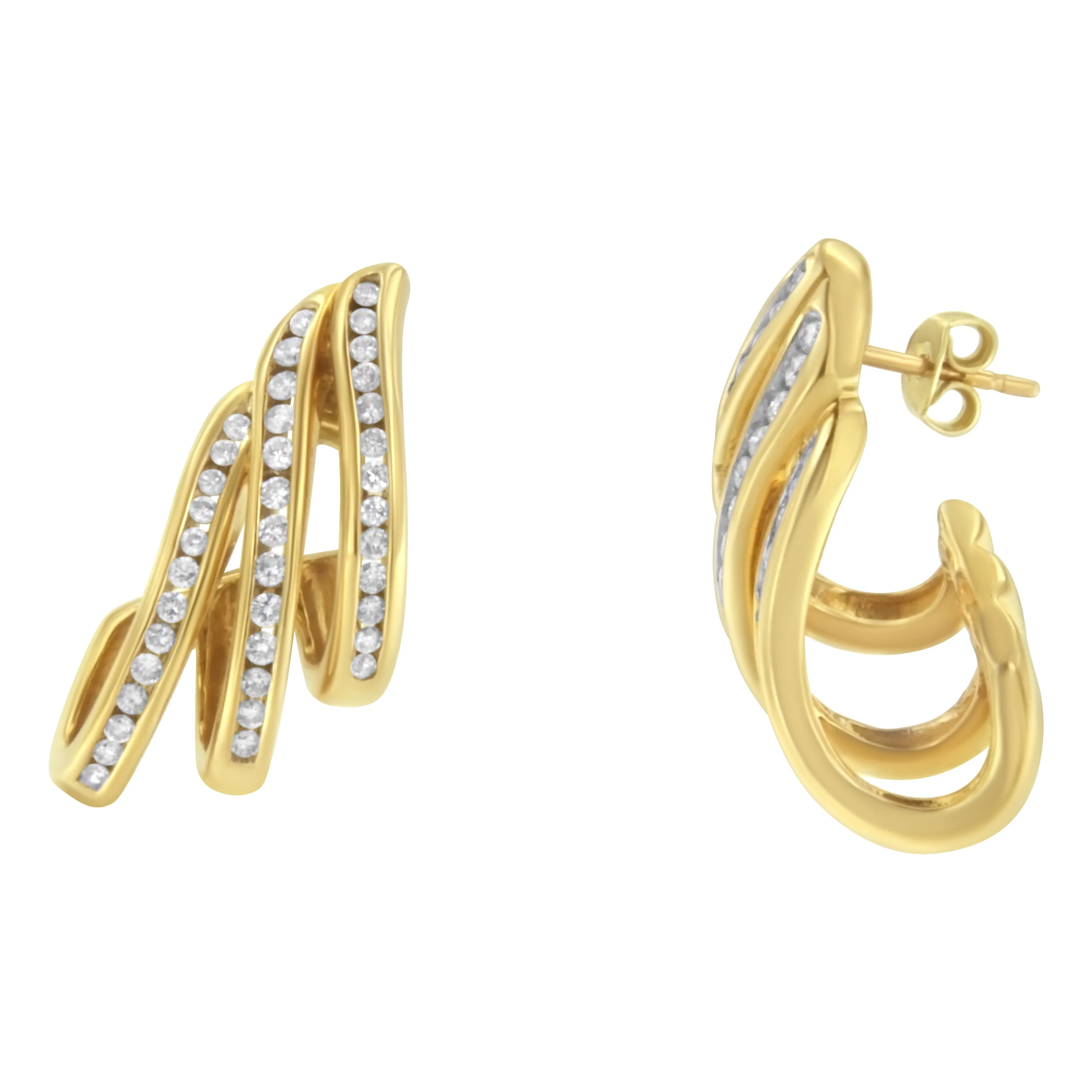 10K Yellow Gold 1.0 Cttw Round Brilliant Cut Diamond Spiral Multi Row Channel Set Open Hoop Pushback Stud Earrings (H-I Color, I1-I2 Clarity) - Image 8