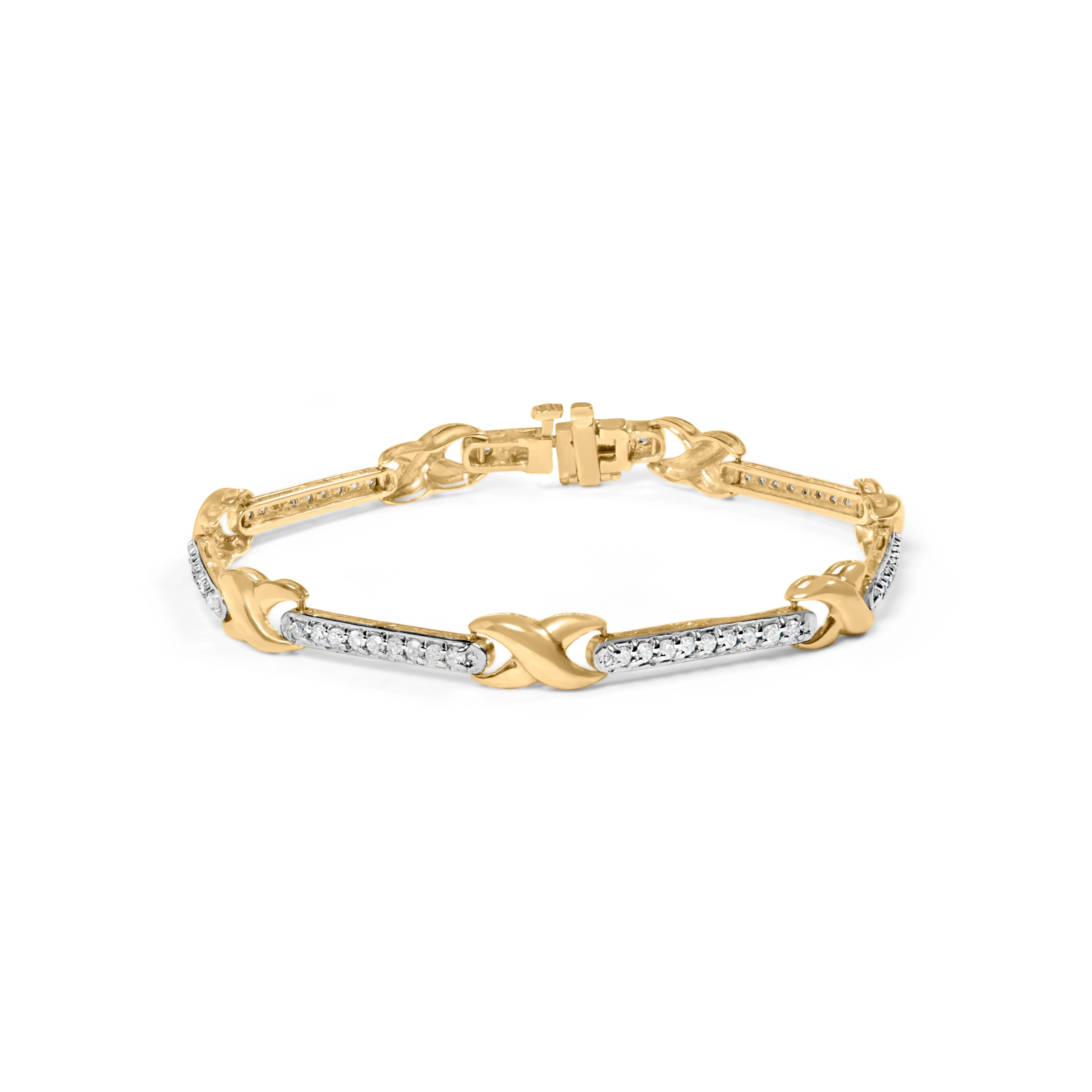 10K Yellow Gold 1.00 Cttw Pave Set Diamond Bar and  X-Link 7" Bracelet (I-J Color, I3 Quality) - Image 5