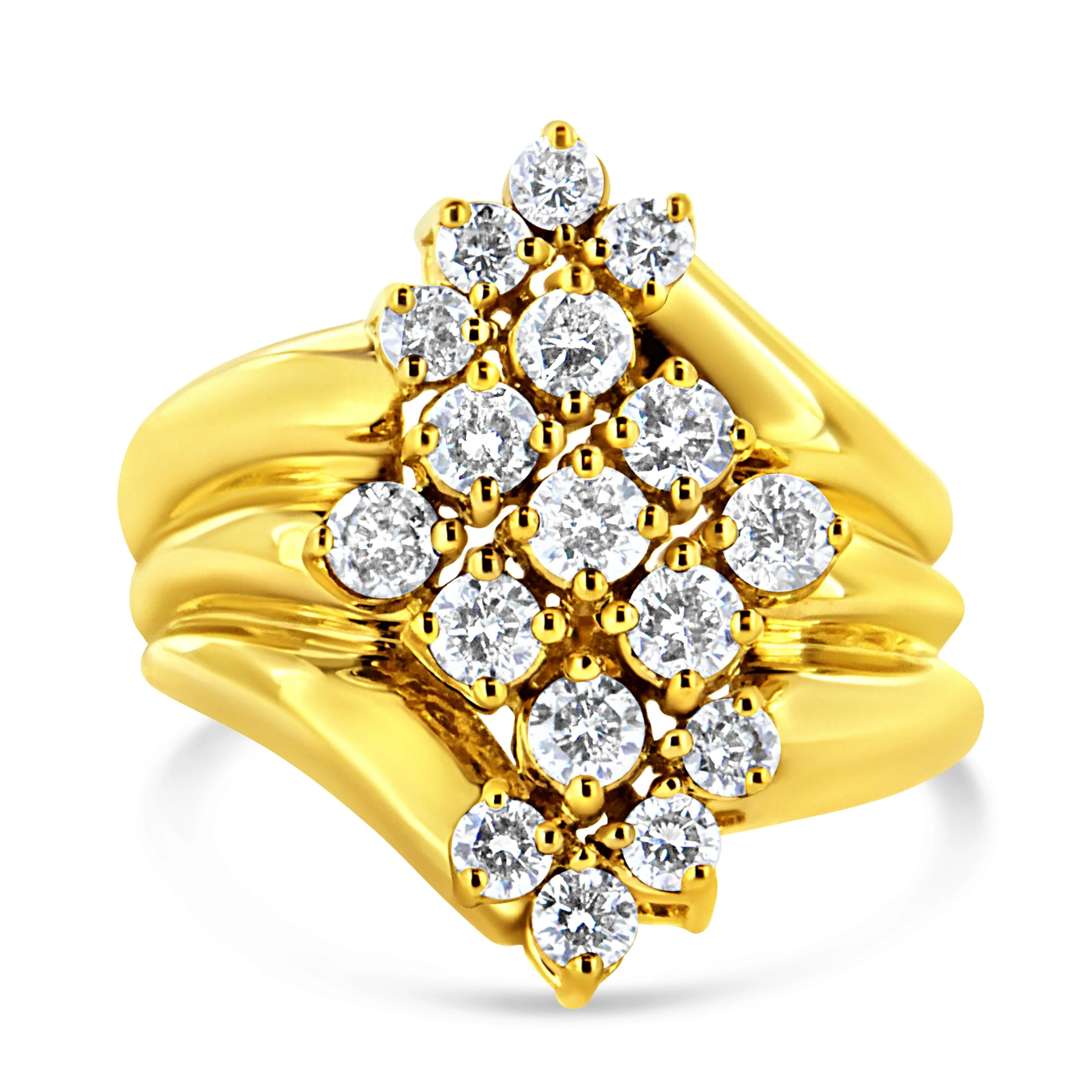10K Yellow Gold 1 1/2 Cttw Diamond Cluster Tapered Shank Cocktail Ring Cocktail Ring (I-J Color, I1-I2 Clarity) - Ring Size 7 - Image 2