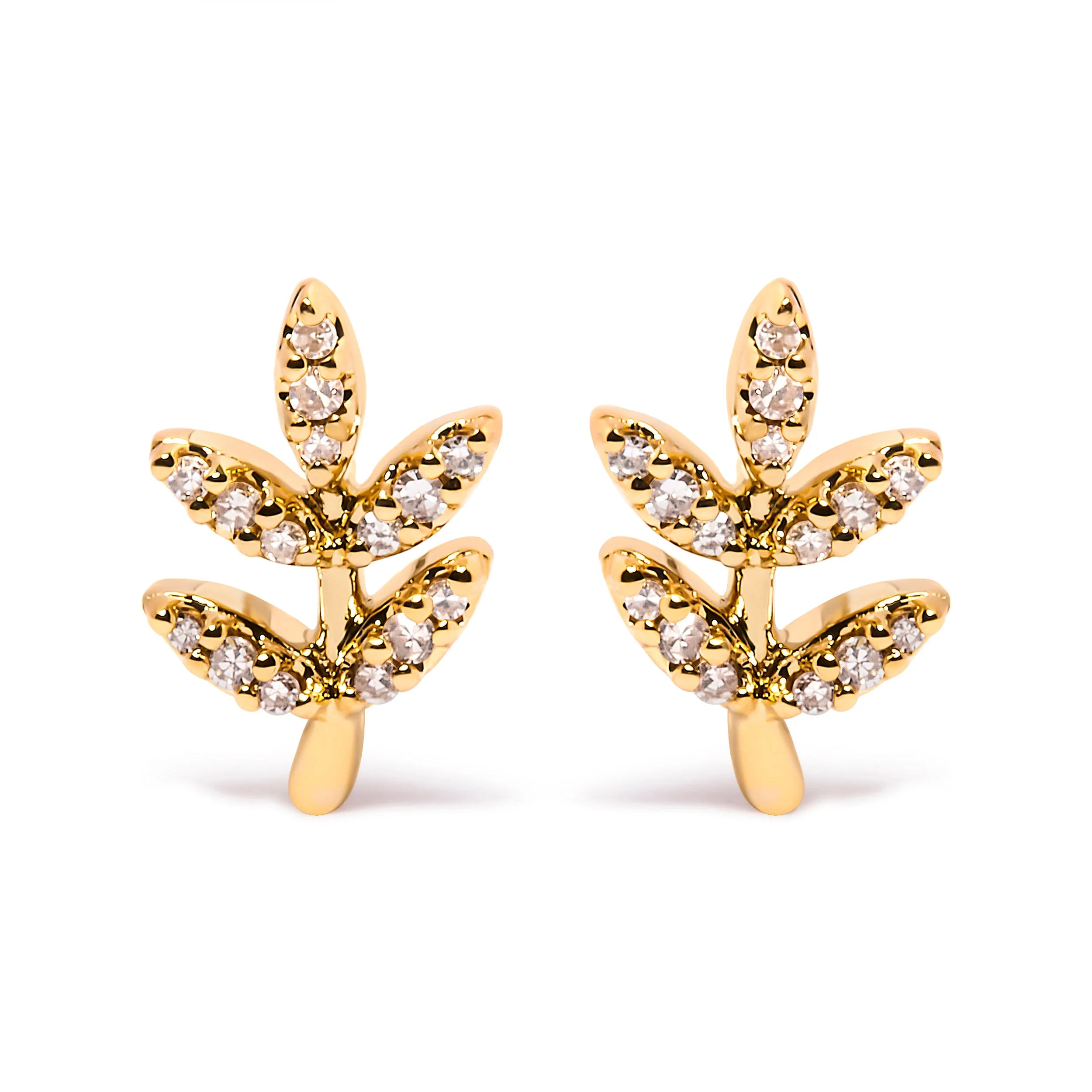 10K Yellow Gold 1/10 Cttw Diamond Accented Leaf and Branch Stud Earrings (H-I Color, I1-I2 Clarity)
