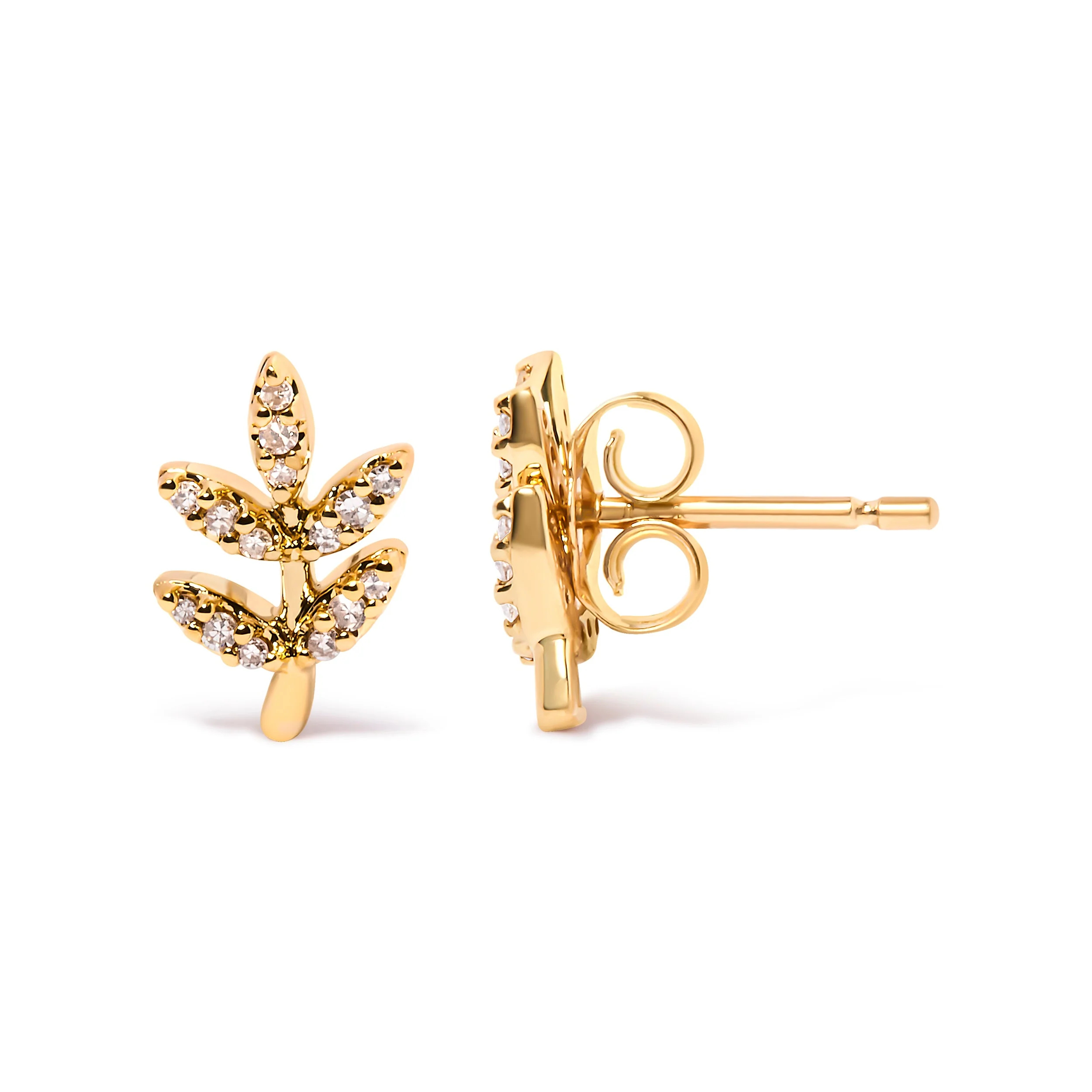 10K Yellow Gold 1/10 Cttw Diamond Accented Leaf and Branch Stud Earrings (H-I Color, I1-I2 Clarity) - Image 3
