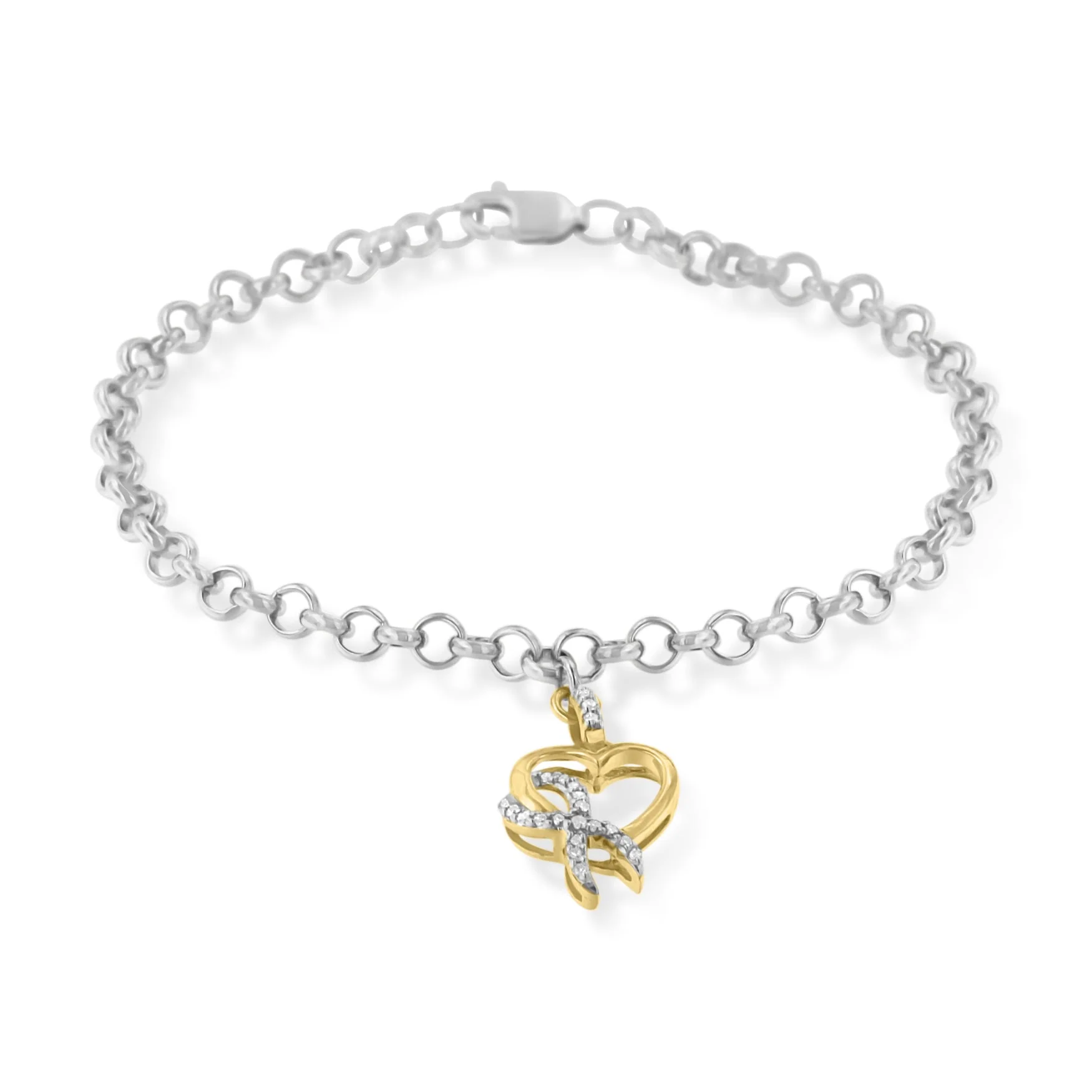 10K Yellow Gold 1/10 Cttw Diamond Awareness Ribbon & Heart Charm on 7" .925 Sterling Silver Rolo Bracelet (H-I Color, I1-I2 Clarity) - Image 6