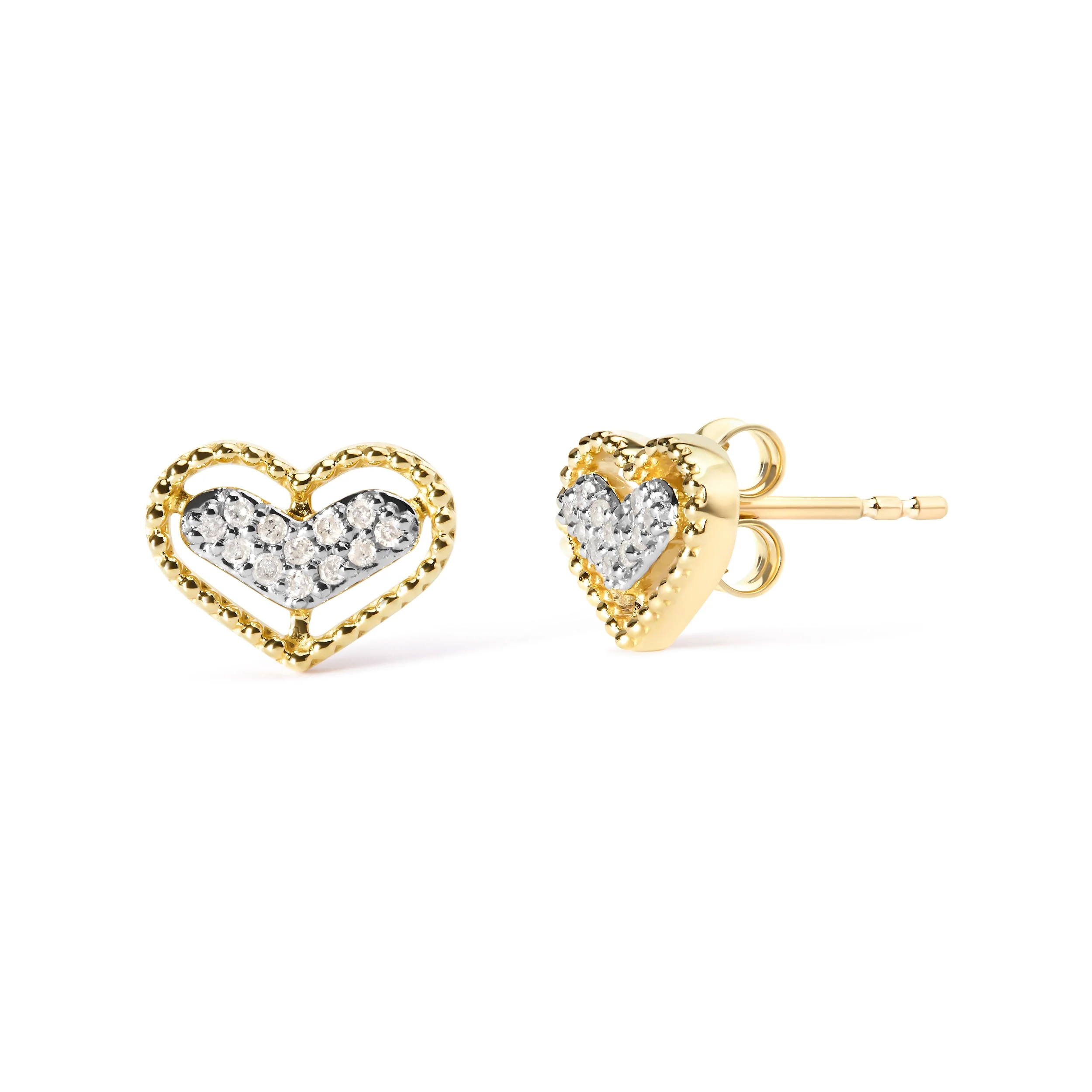 10K Yellow Gold 1/10 Cttw Diamond Heart and Beaded Halo Stud Earrings (I-J Color, I1-I2 Clarity) - Image 2