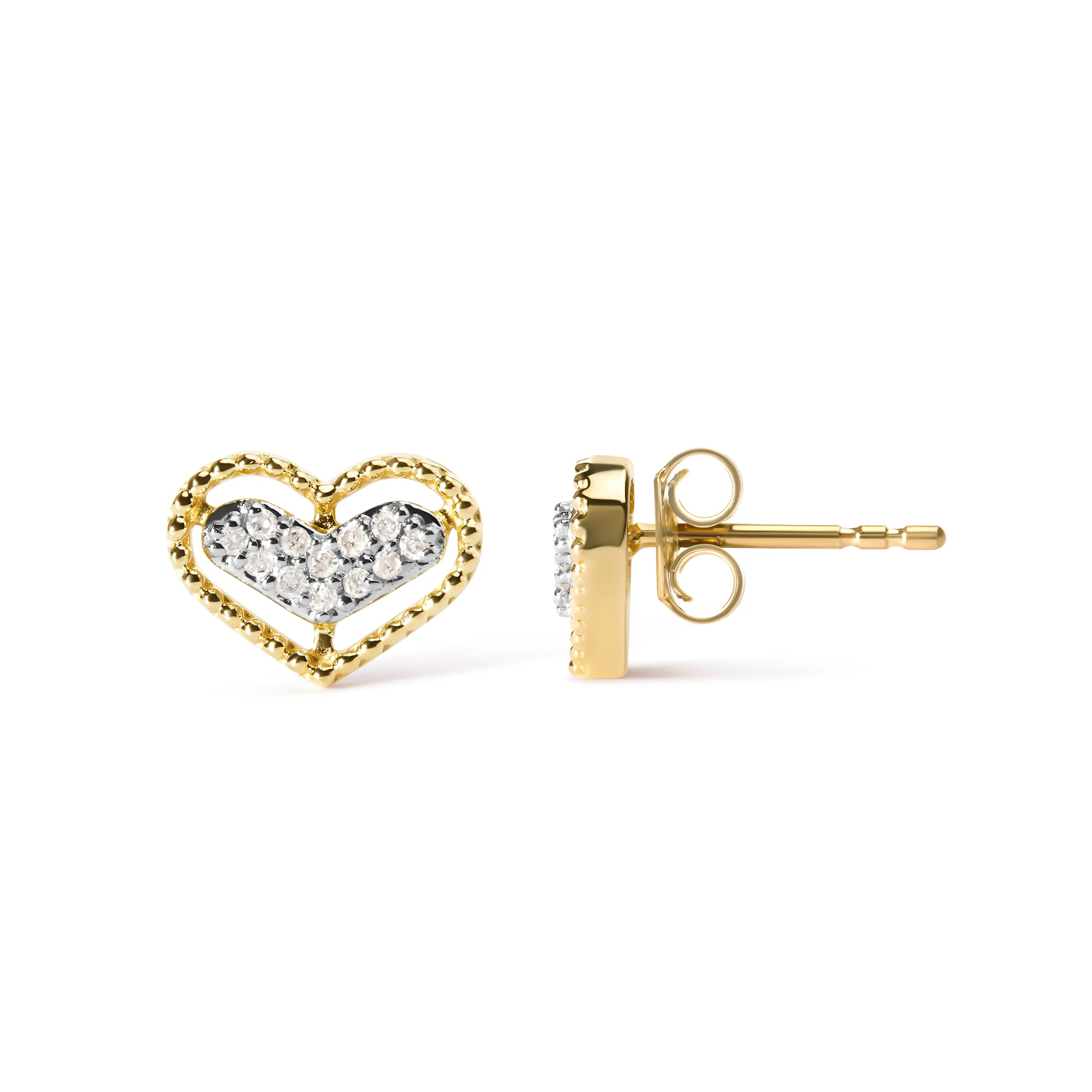 10K Yellow Gold 1/10 Cttw Diamond Heart and Beaded Halo Stud Earrings (I-J Color, I1-I2 Clarity) - Image 3