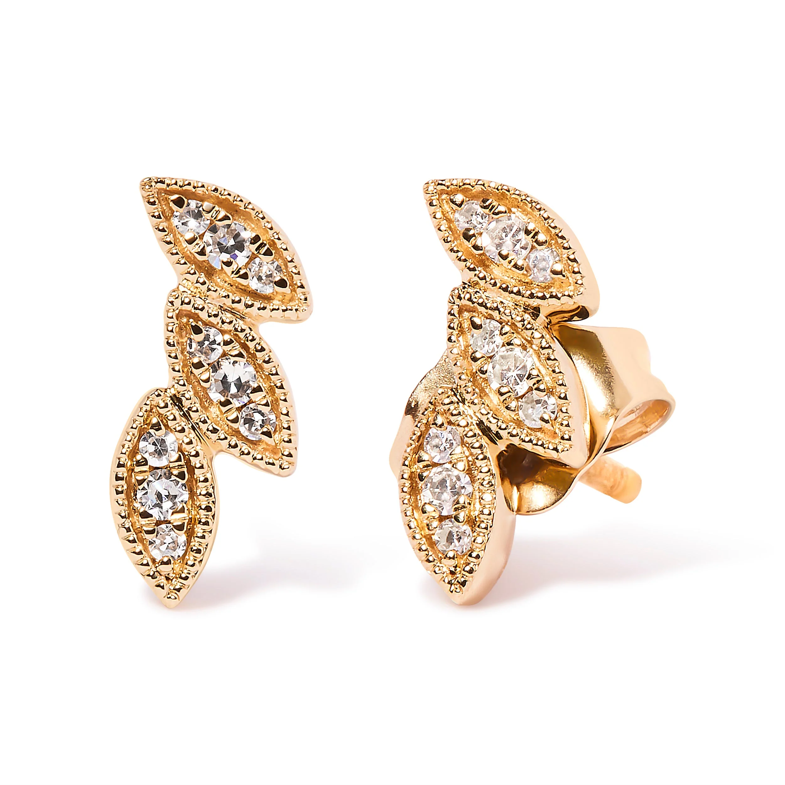 10K Yellow Gold 1/10 Cttw Diamond Triple Leaf Stud Earring (H-I Color, I1-I2 Clarity) - Image 2