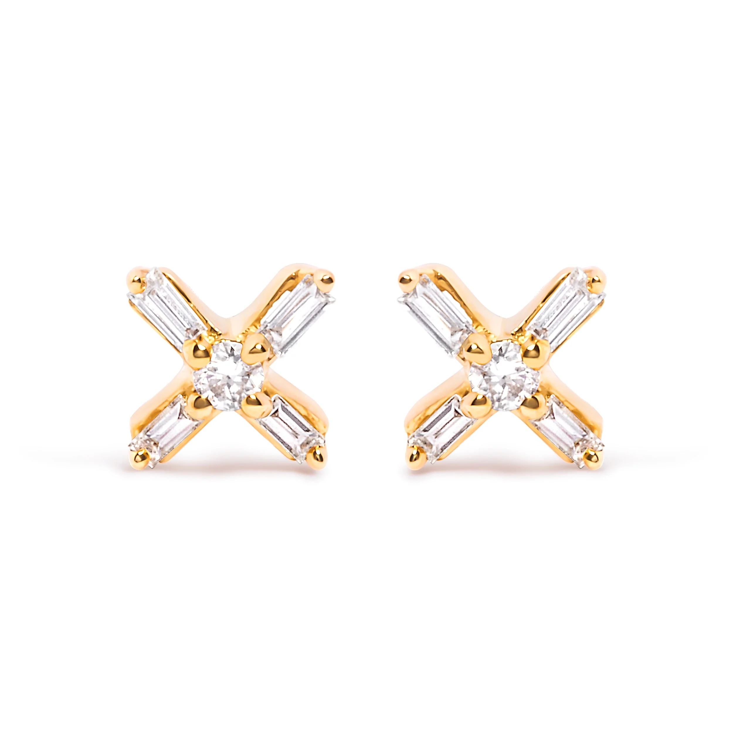 10K Yellow Gold 1/10 Cttw Round and Baguette Diamond Criss Cross X Stud Earring (H-I Color, I1-I2 Clarity)