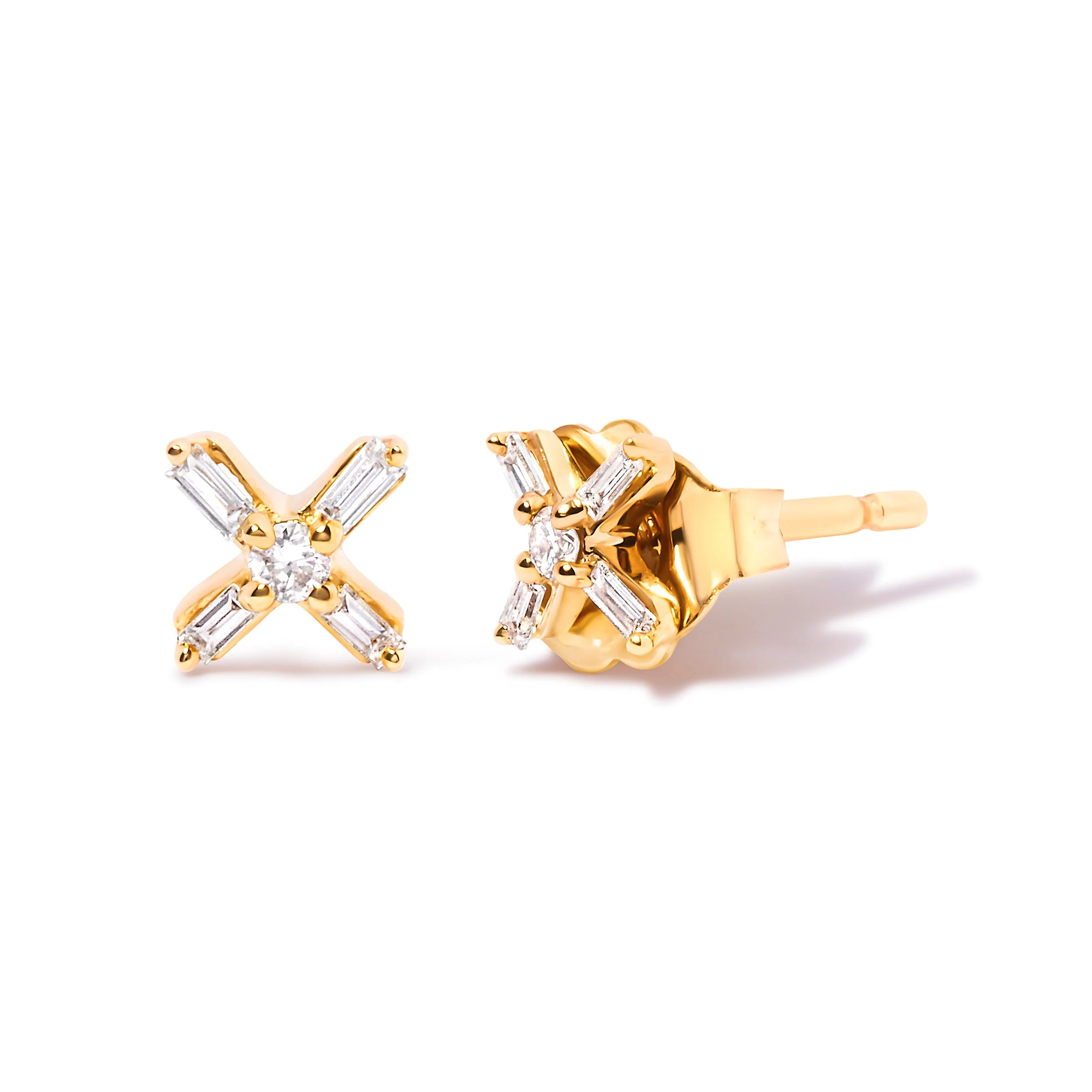 10K Yellow Gold 1/10 Cttw Round and Baguette Diamond Criss Cross X Stud Earring (H-I Color, I1-I2 Clarity) - Image 2
