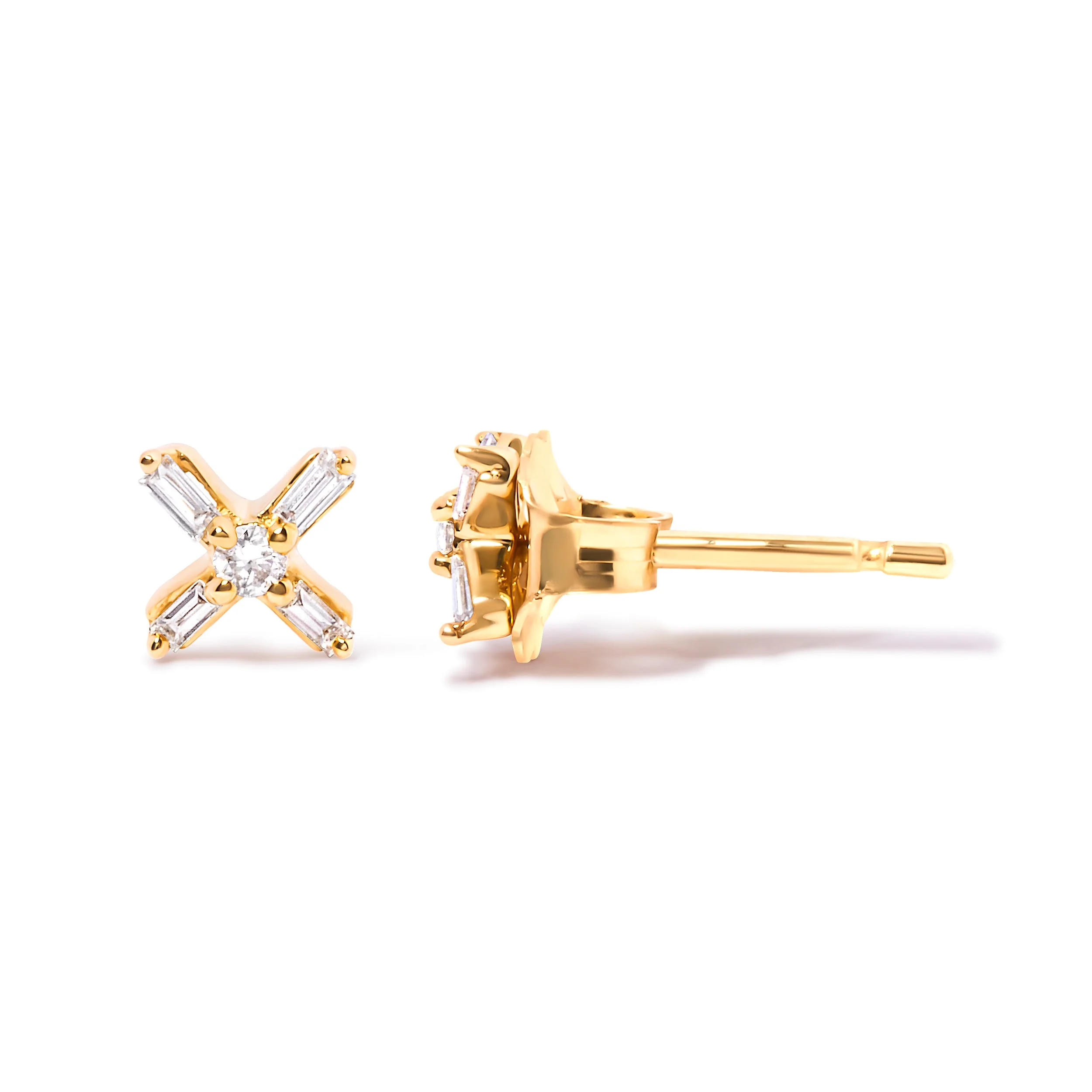 10K Yellow Gold 1/10 Cttw Round and Baguette Diamond Criss Cross X Stud Earring (H-I Color, I1-I2 Clarity) - Image 3