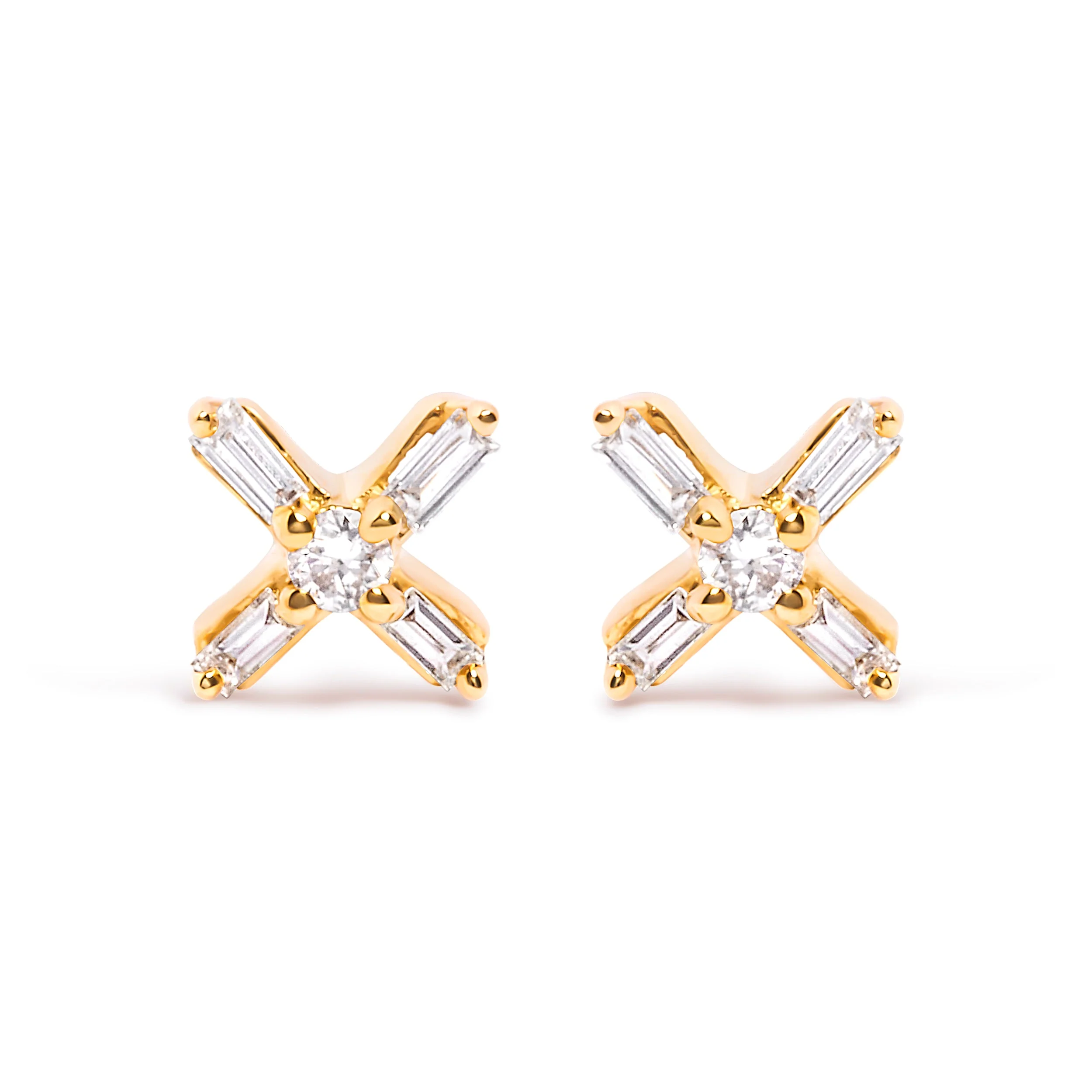 10K Yellow Gold 1/10 Cttw Round and Baguette Diamond Criss Cross X Stud Earring (H-I Color, I1-I2 Clarity) - Image 4