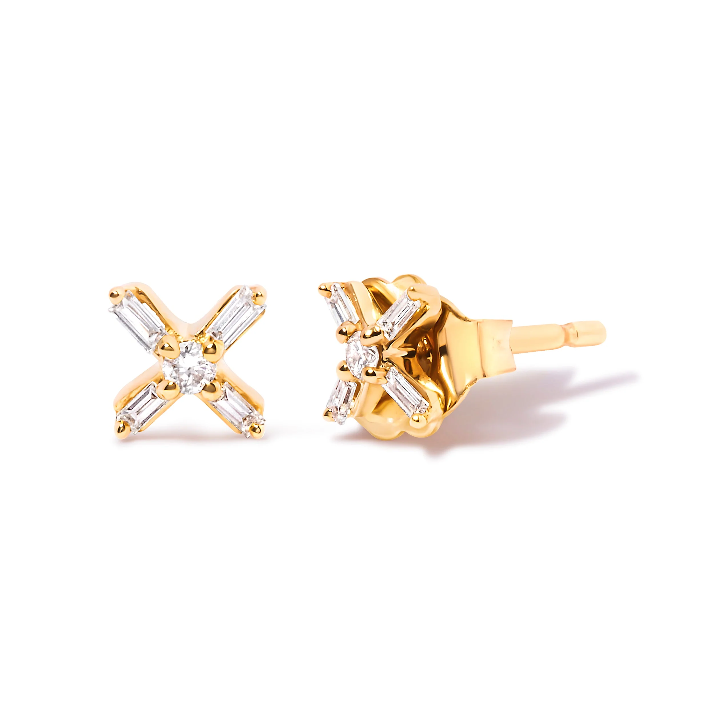 10K Yellow Gold 1/10 Cttw Round and Baguette Diamond Criss Cross X Stud Earring (H-I Color, I1-I2 Clarity) - Image 5