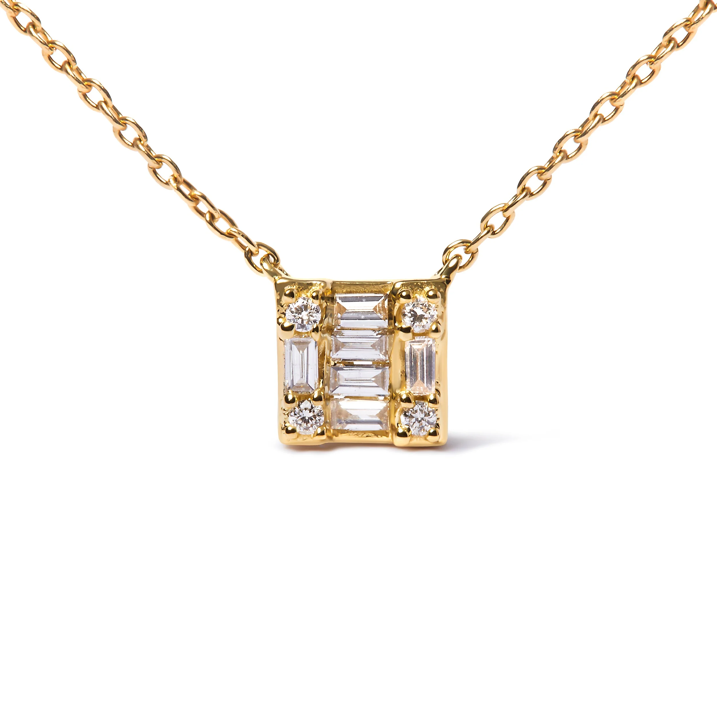 10K Yellow Gold 1/10 Cttw Round and Baguette Diamond Mosaic Composite Square 18" Inch Pendant Necklace (H-I Color, I1-I2 Clarity) - Image 2