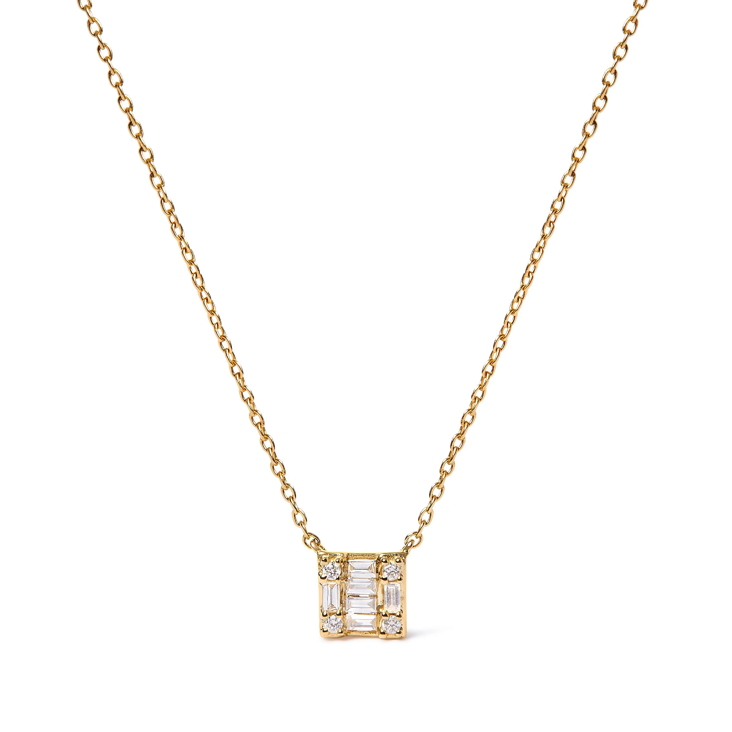 10K Yellow Gold 1/10 Cttw Round and Baguette Diamond Mosaic Composite Square 18" Inch Pendant Necklace (H-I Color, I1-I2 Clarity) - Image 4
