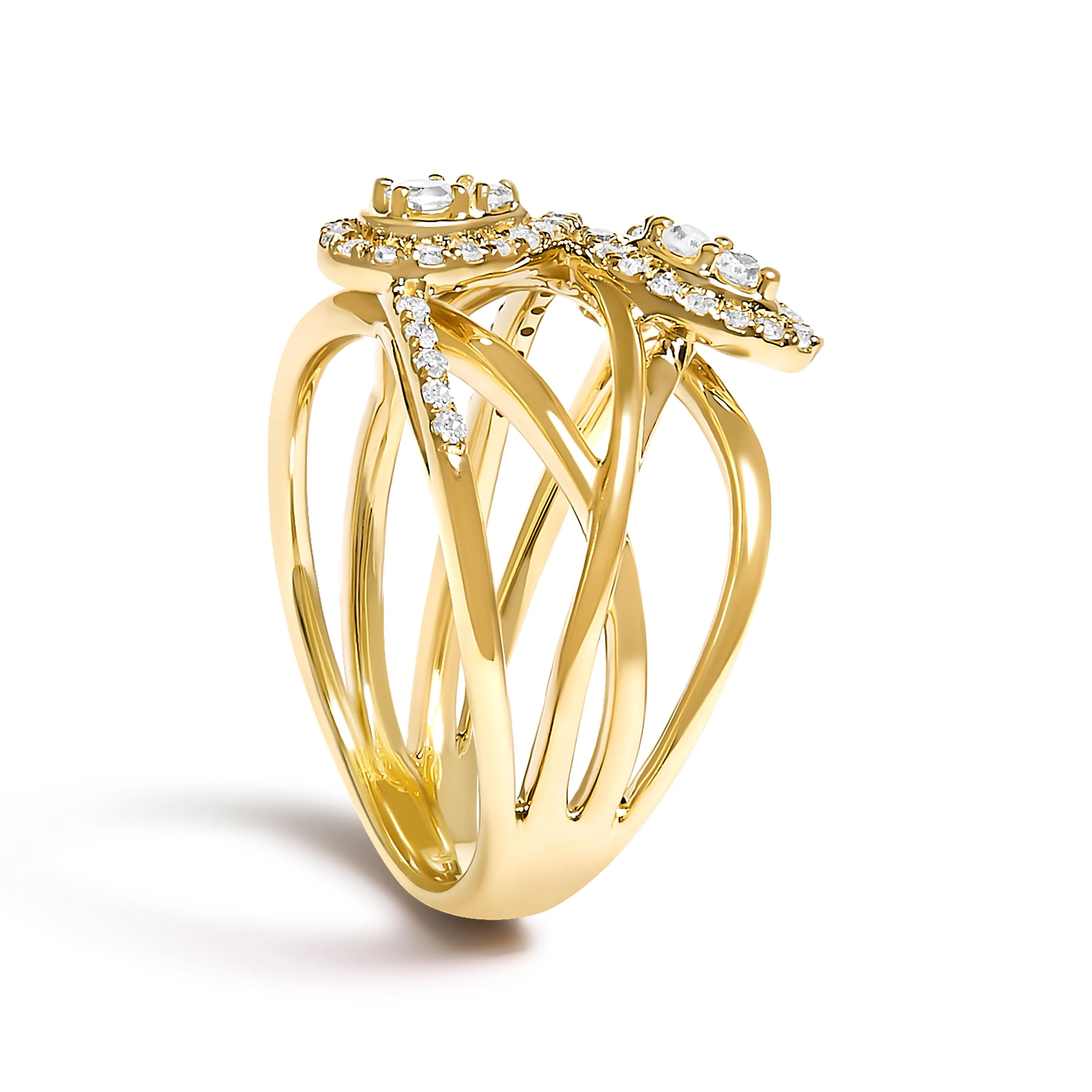 10K Yellow Gold 1/2 Cttw Diamond Crossover 3 Leaf Floral Cocktail Ring Band (H-I Color, SI1-SI2 Clarity)  - Size 7 - Image 4