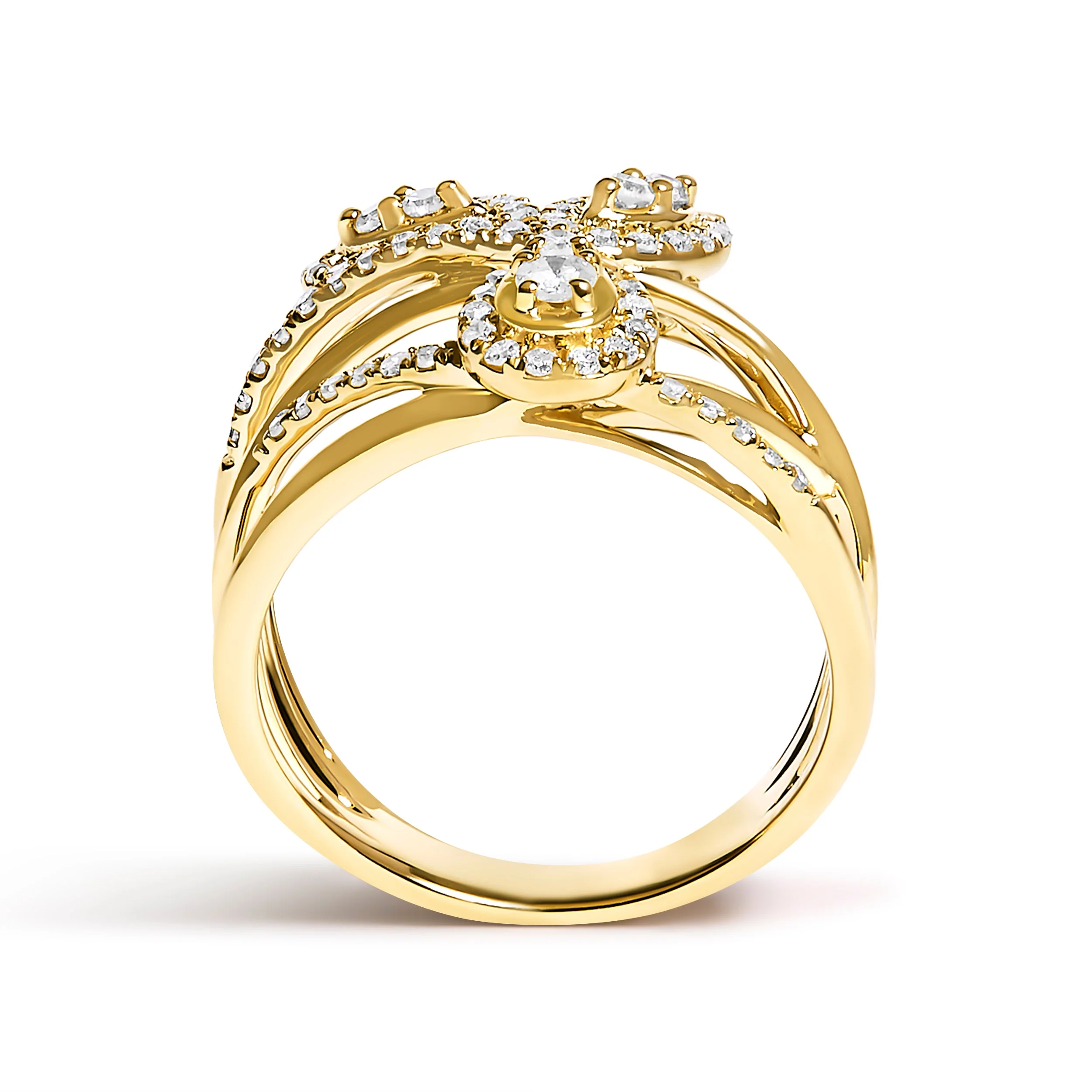 10K Yellow Gold 1/2 Cttw Diamond Crossover 3 Leaf Floral Cocktail Ring Band (H-I Color, SI1-SI2 Clarity)  - Size 7 - Image 5