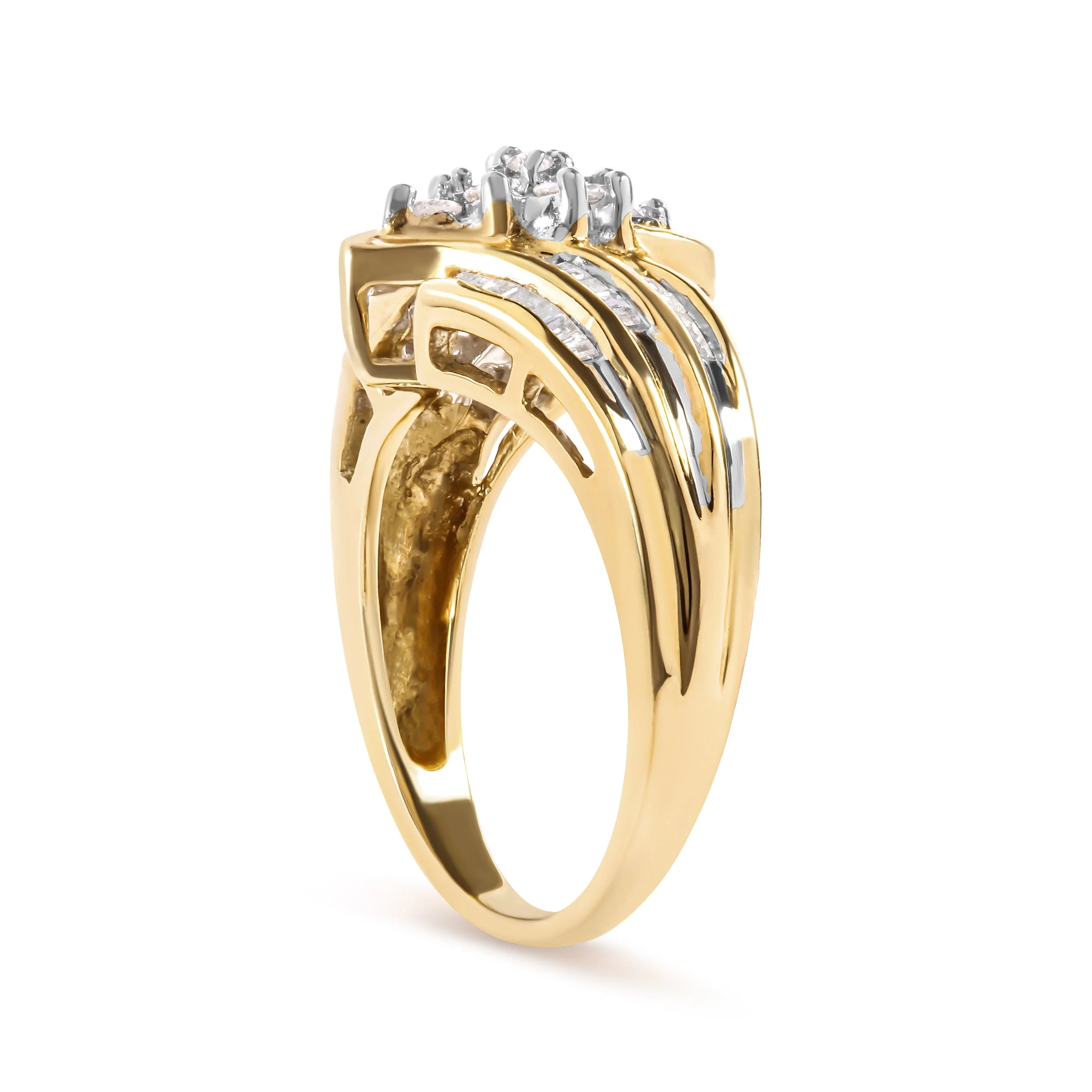10K Yellow Gold 1/2 Cttw Round And Baguette-cut Diamond Cluster Head and Channel Set Shank Ring (H-I Color, I1-I2 Clarity) - Ring Size 7 - Image 3