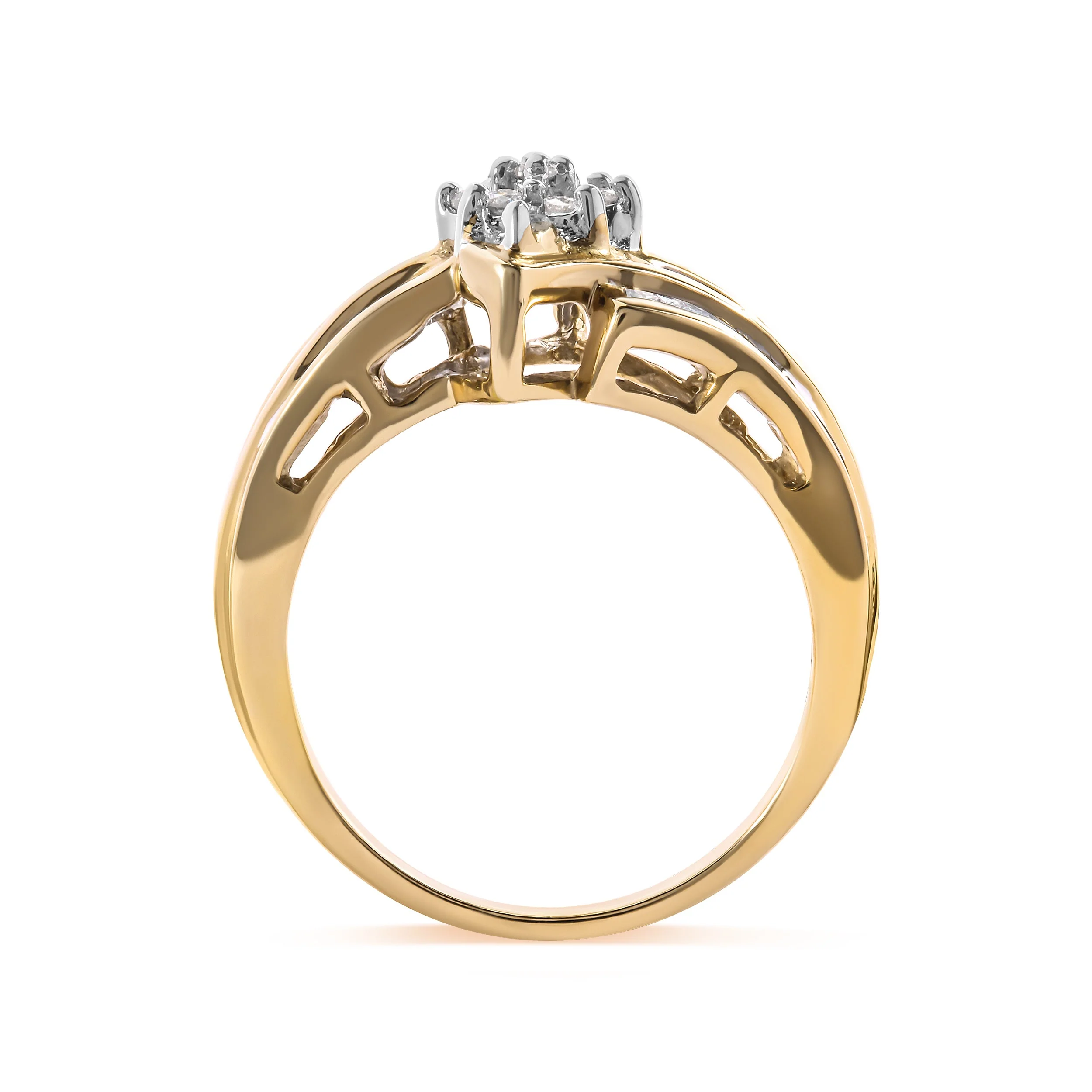10K Yellow Gold 1/2 Cttw Round And Baguette-cut Diamond Cluster Head and Channel Set Shank Ring (H-I Color, I1-I2 Clarity) - Ring Size 7 - Image 4