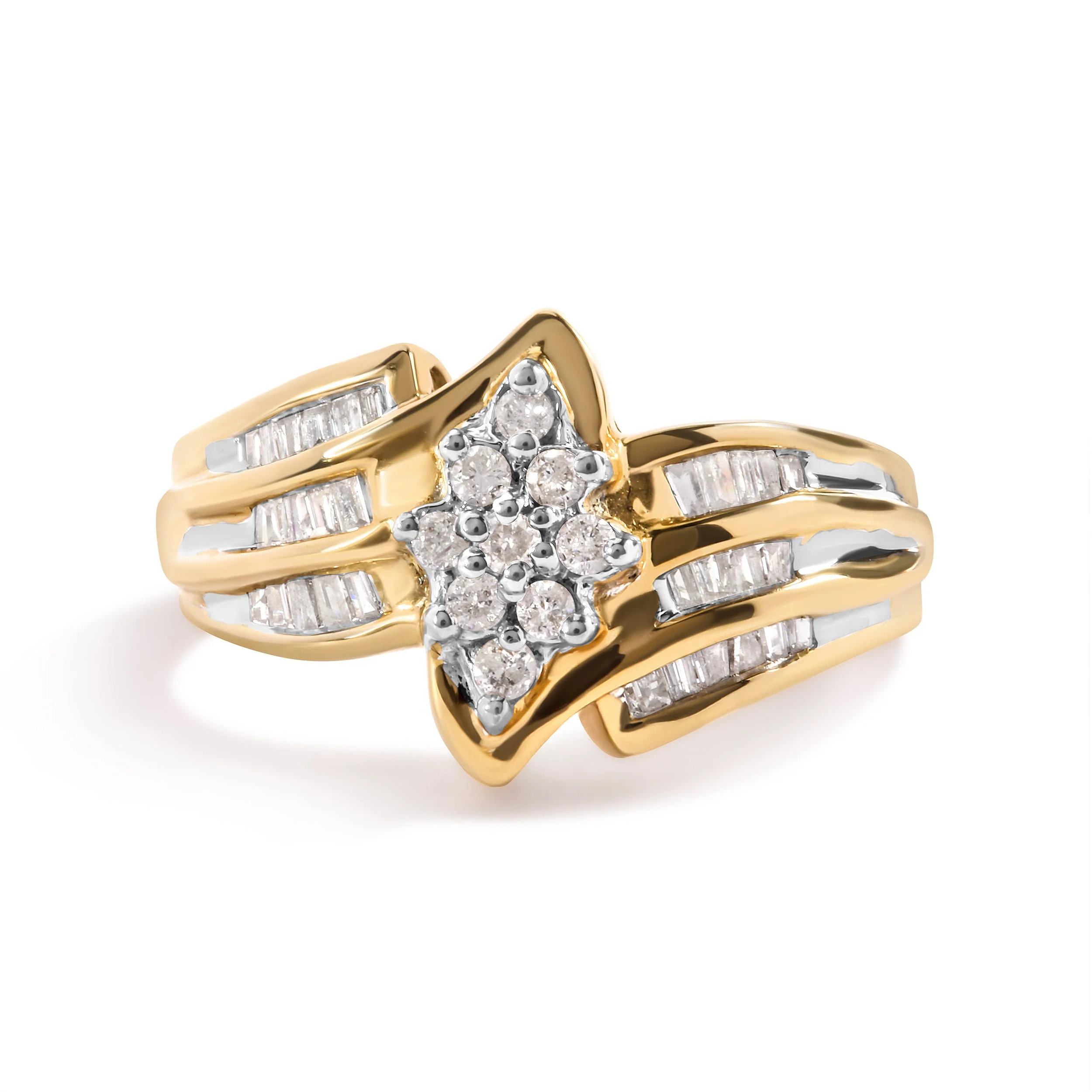 10K Yellow Gold 1/2 Cttw Round And Baguette-cut Diamond Cluster Head and Channel Set Shank Ring (H-I Color, I1-I2 Clarity) - Ring Size 7 - Image 6