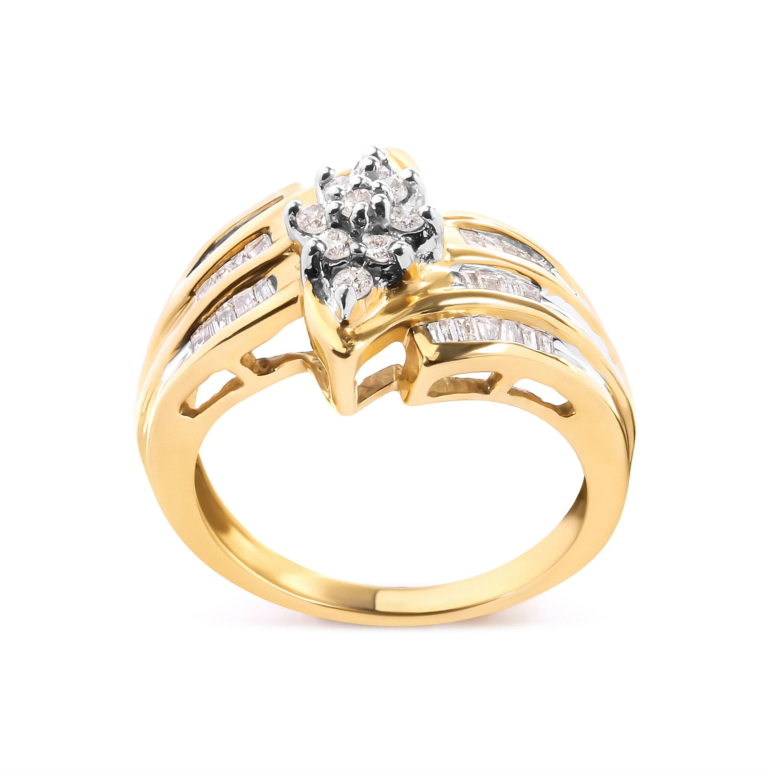 10K Yellow Gold 1/2 Cttw Round And Baguette-cut Diamond Cluster Head and Channel Set Shank Ring (H-I Color, I1-I2 Clarity) - Ring Size 7 - Image 7