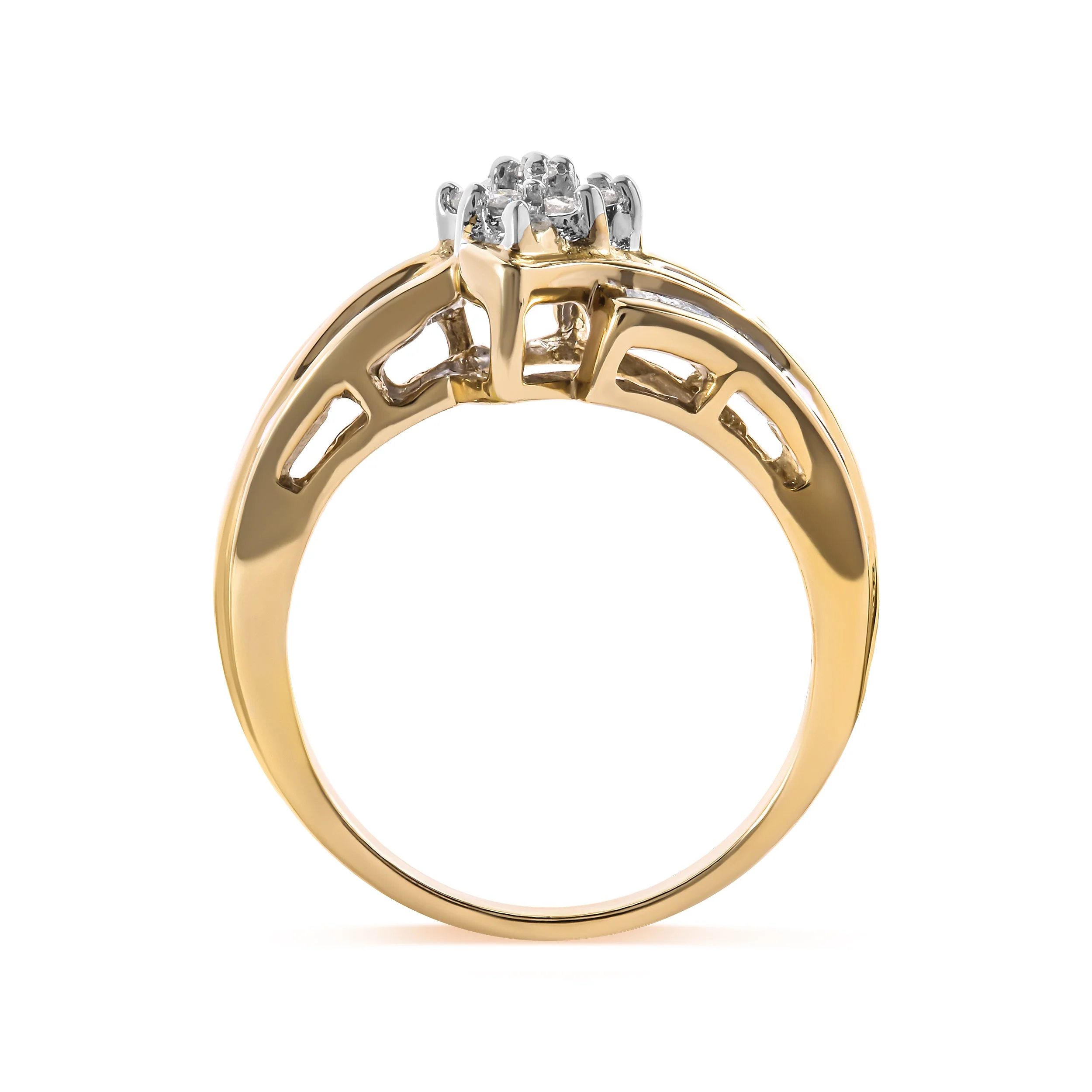 10K Yellow Gold 1/2 Cttw Round And Baguette-cut Diamond Cluster Head and Channel Set Shank Ring (H-I Color, I1-I2 Clarity) - Ring Size 7 - Image 9