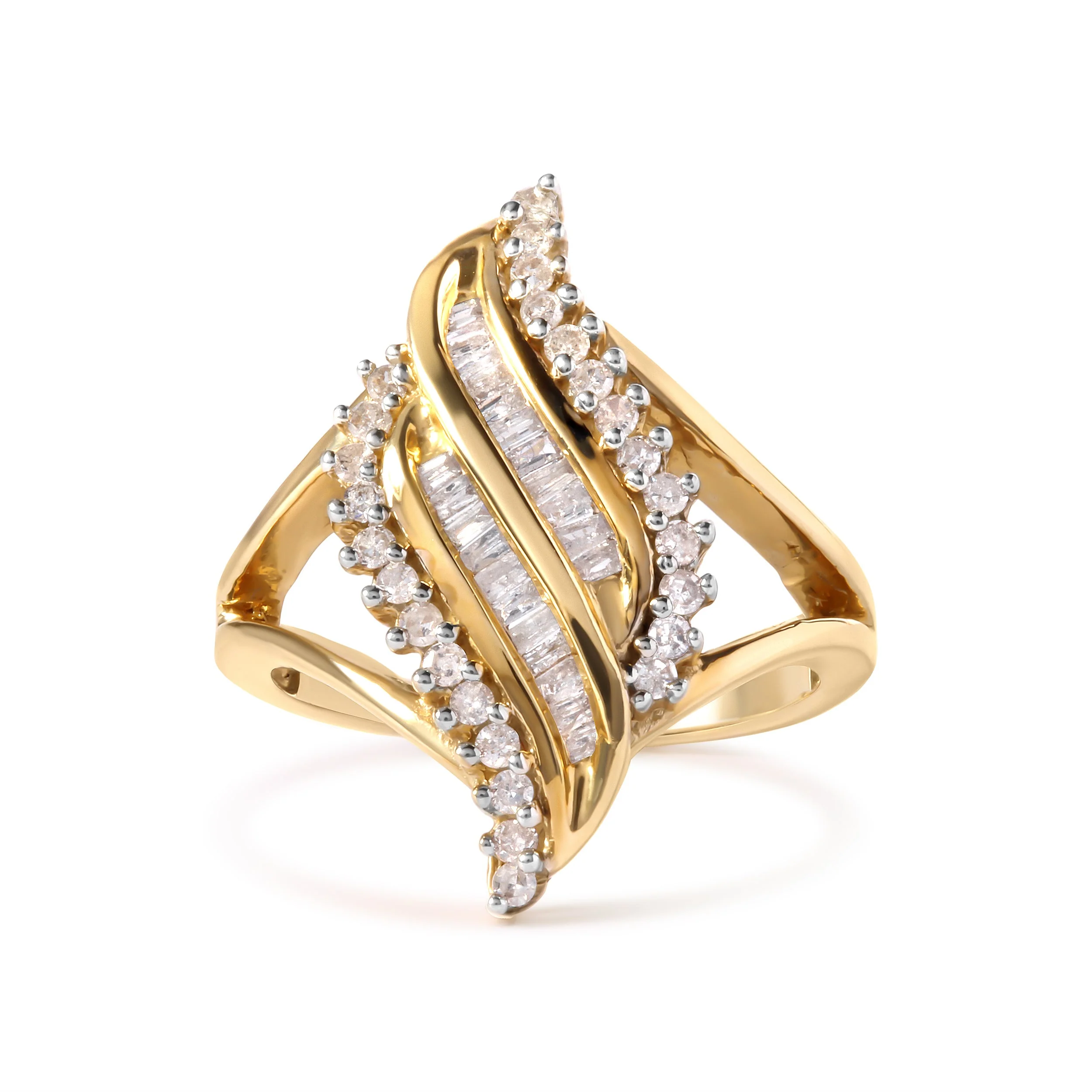 10K Yellow Gold 1/2 Cttw Round and Baguette Cut Diamond Cocktail Ring (H-I Color, I1-I2 Clarity) - Image 5