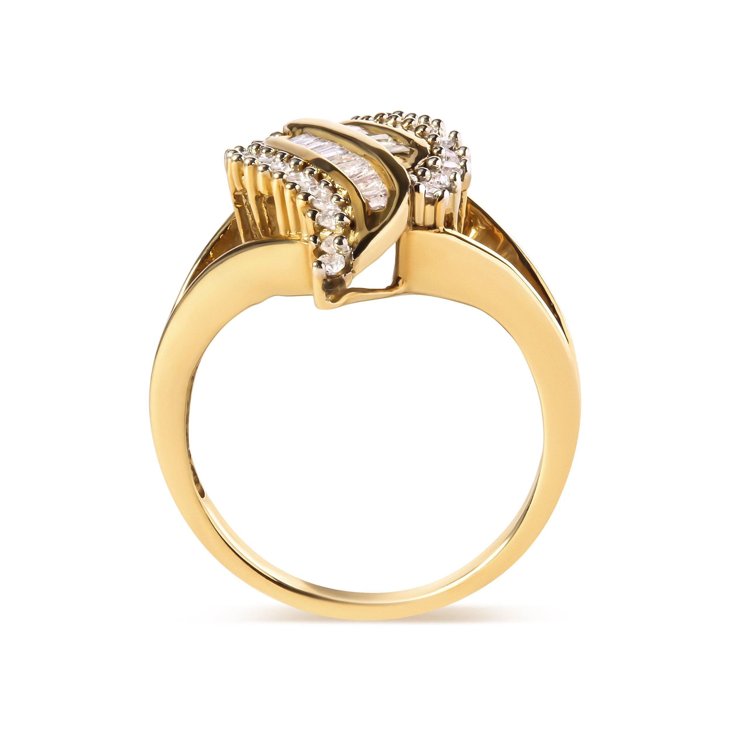 10K Yellow Gold 1/2 Cttw Round and Baguette Cut Diamond Cocktail Ring (H-I Color, I1-I2 Clarity) - Image 7