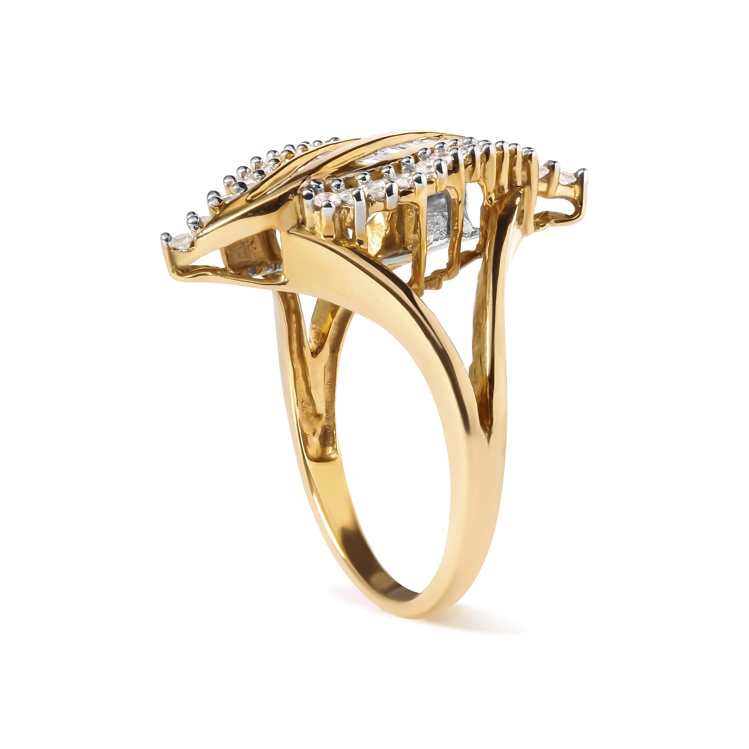 10K Yellow Gold 1/2 Cttw Round and Baguette Cut Diamond Cocktail Ring (H-I Color, I1-I2 Clarity) - Image 8