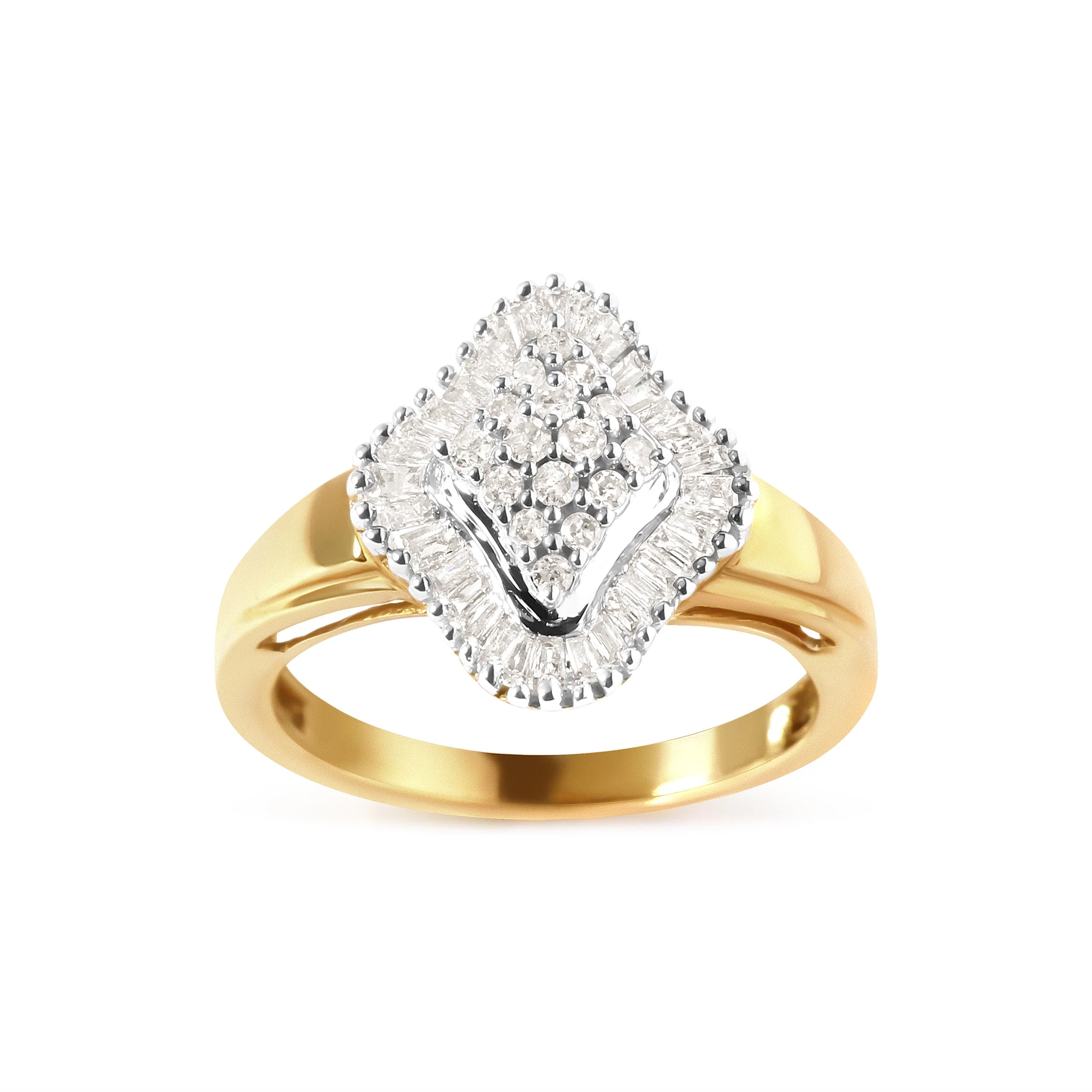 10K Yellow Gold 1/2 Cttw Round And Baguette-cut Diamond Rhombus Head and Halo Ring (I-J Color, I1-I2 Clarity) - Ring Size 7 - Image 5