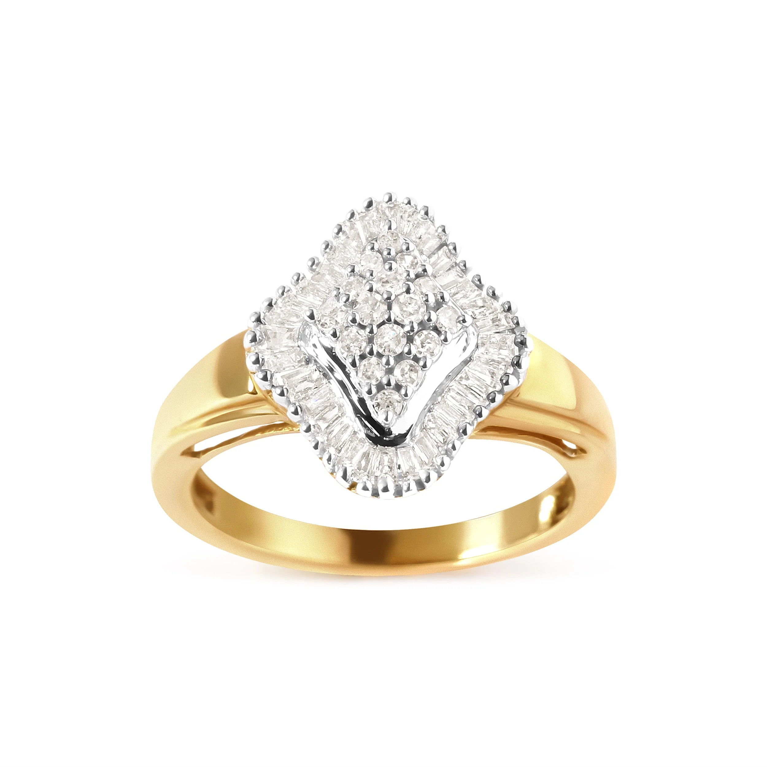 10K Yellow Gold 1/2 Cttw Round And Baguette-cut Diamond Rhombus Head and Halo Ring (I-J Color, I1-I2 Clarity) - Ring Size 7 - Image 6