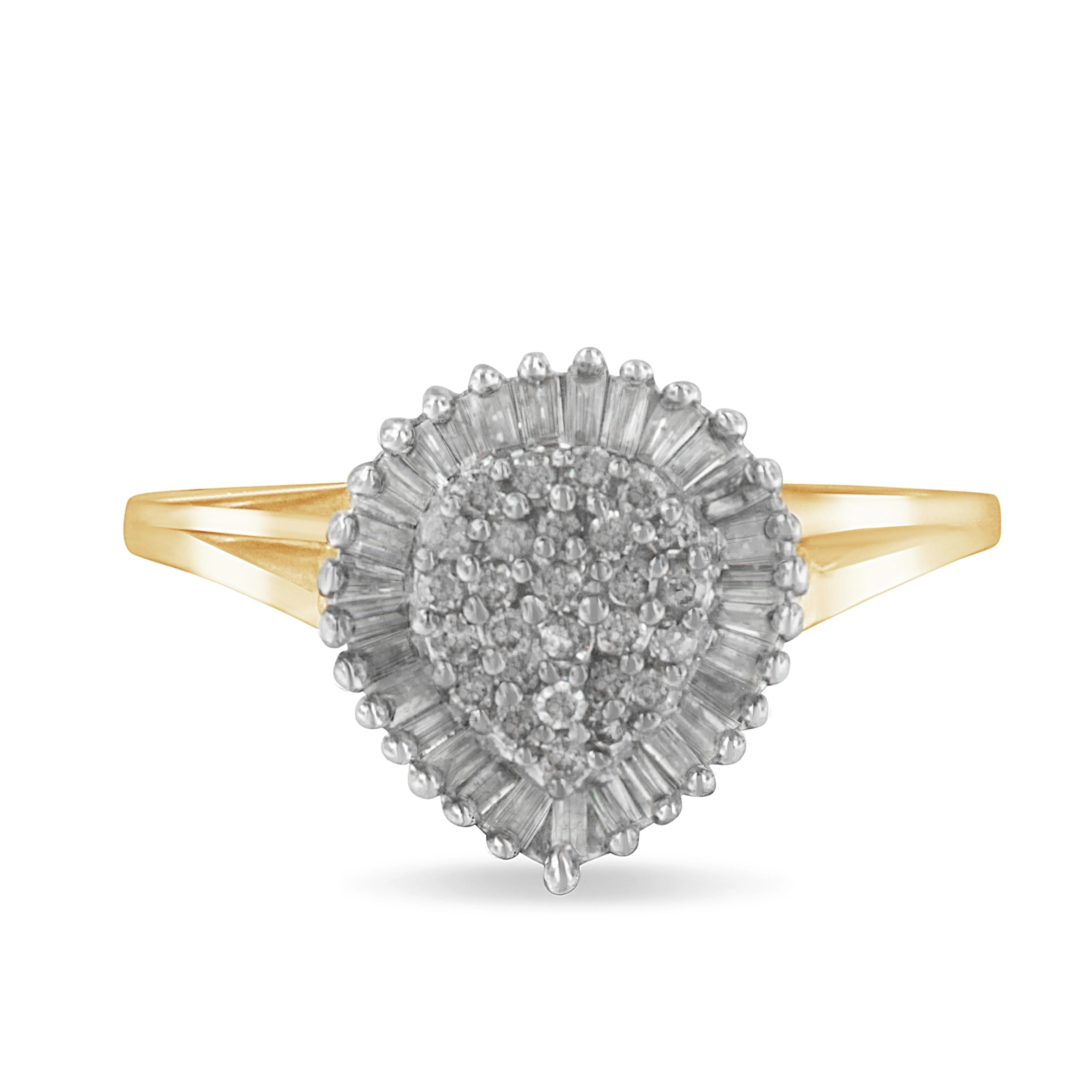 10K Yellow Gold 1/2 Cttw Round & Baguette Cut Diamond Pear Shaped Domed Pavé Cluster with Halo Cocktail Ring (J-K Color, I1-I2 Clarity) - Size 4-1/4