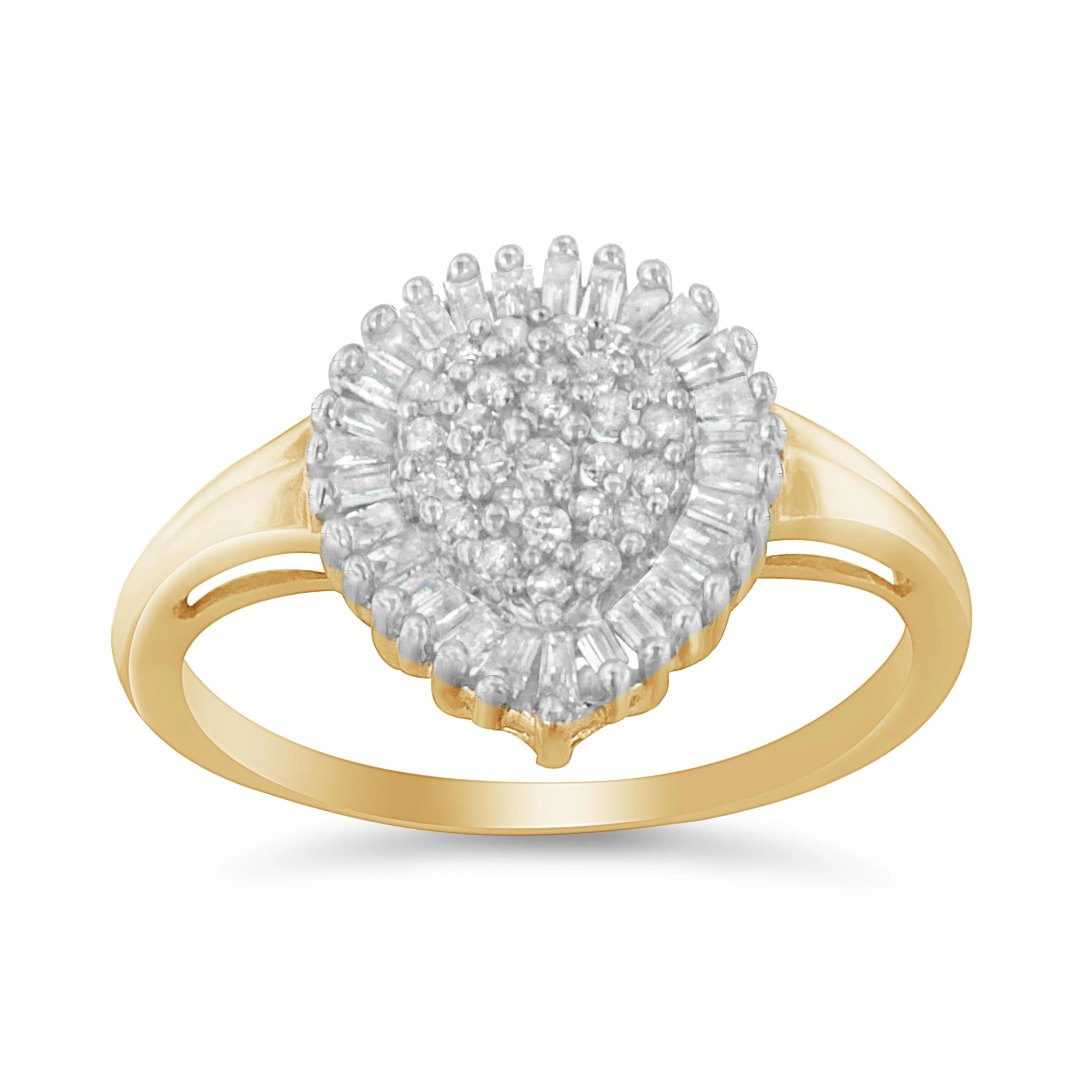 10K Yellow Gold 1/2 Cttw Round & Baguette Cut Diamond Pear Shaped Domed Pavé Cluster with Halo Cocktail Ring (J-K Color, I1-I2 Clarity) - Size 4-1/4 - Image 2