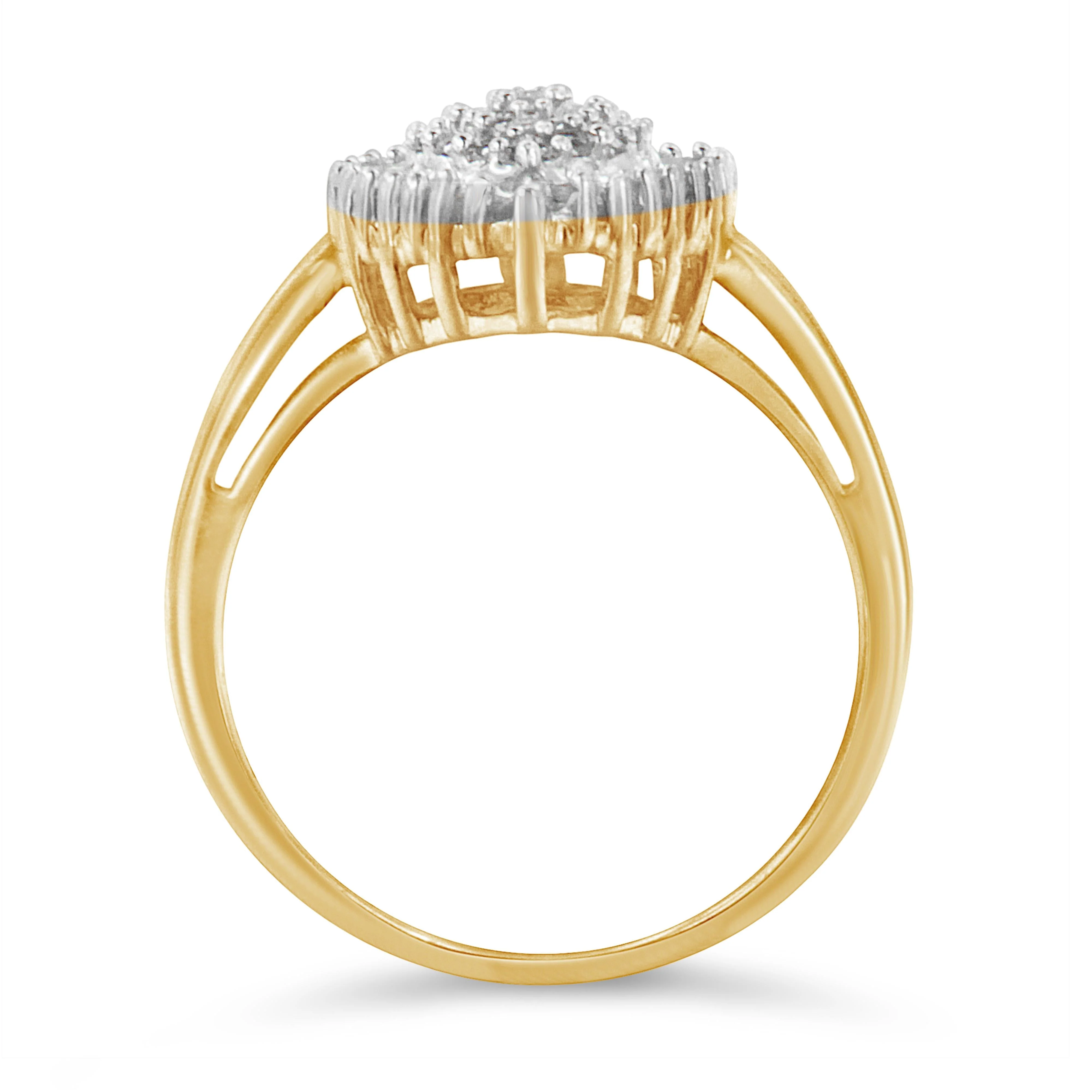 10K Yellow Gold 1/2 Cttw Round & Baguette Cut Diamond Pear Shaped Domed Pavé Cluster with Halo Cocktail Ring (J-K Color, I1-I2 Clarity) - Size 4-1/4 - Image 4