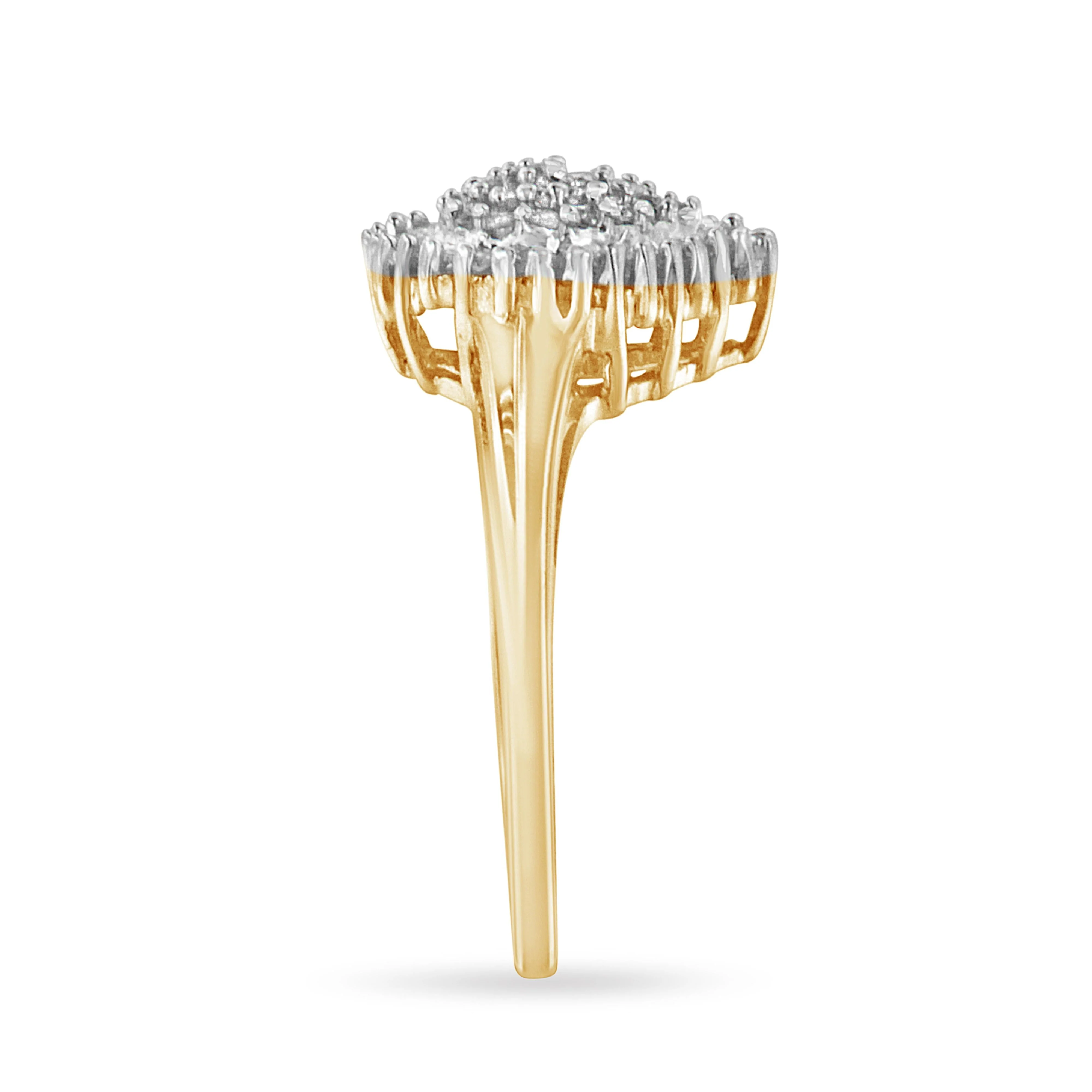 10K Yellow Gold 1/2 Cttw Round & Baguette Cut Diamond Pear Shaped Domed Pavé Cluster with Halo Cocktail Ring (J-K Color, I1-I2 Clarity) - Size 4-1/4 - Image 5